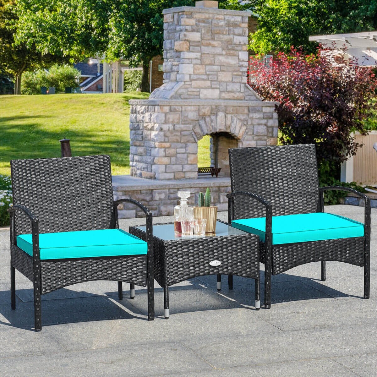 3 Pieces Patio Wicker Rattan Furniture Set with Cushion for Lawn Backyard, Turquoise Patio Conversation Sets   at Gallery Canada