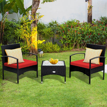 3 Pieces Patio Wicker Rattan Furniture Set with Cushion for Lawn Backyard, Red Patio Conversation Sets   at Gallery Canada