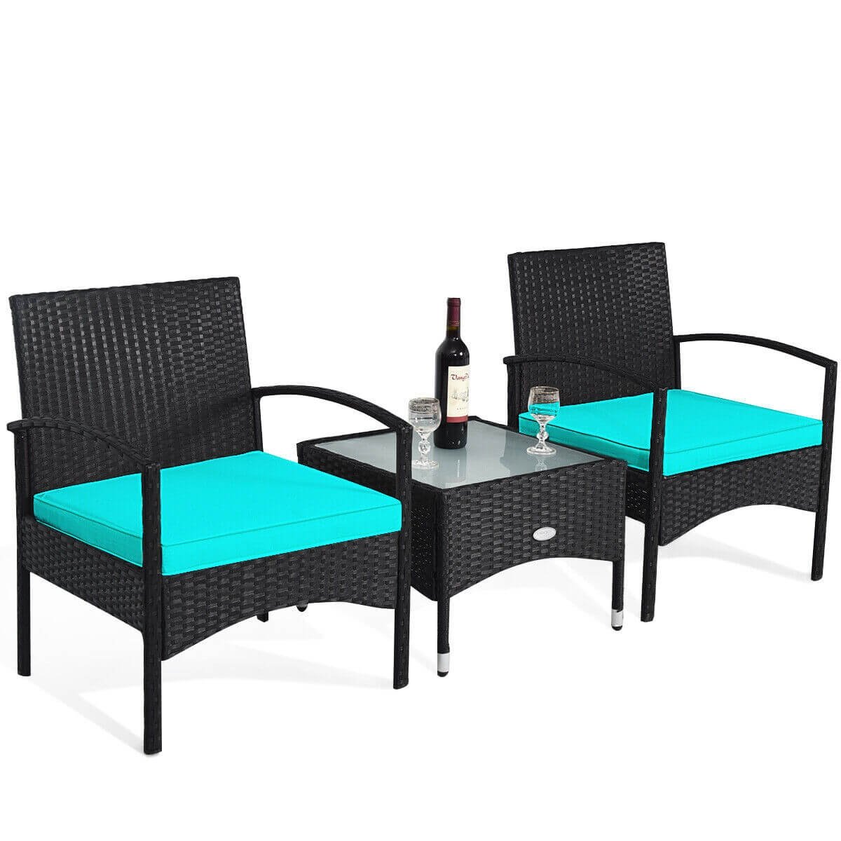 3 Pieces Patio Wicker Rattan Furniture Set with Cushion for Lawn Backyard, Turquoise Patio Conversation Sets   at Gallery Canada