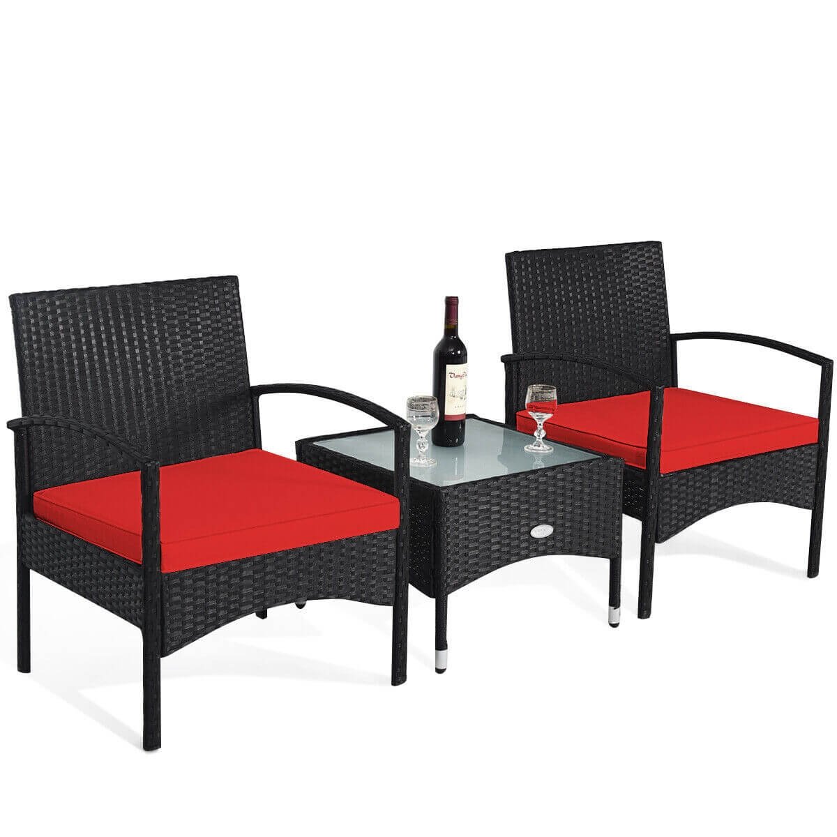 3 Pieces Patio Wicker Rattan Furniture Set with Cushion for Lawn Backyard, Red Patio Conversation Sets   at Gallery Canada