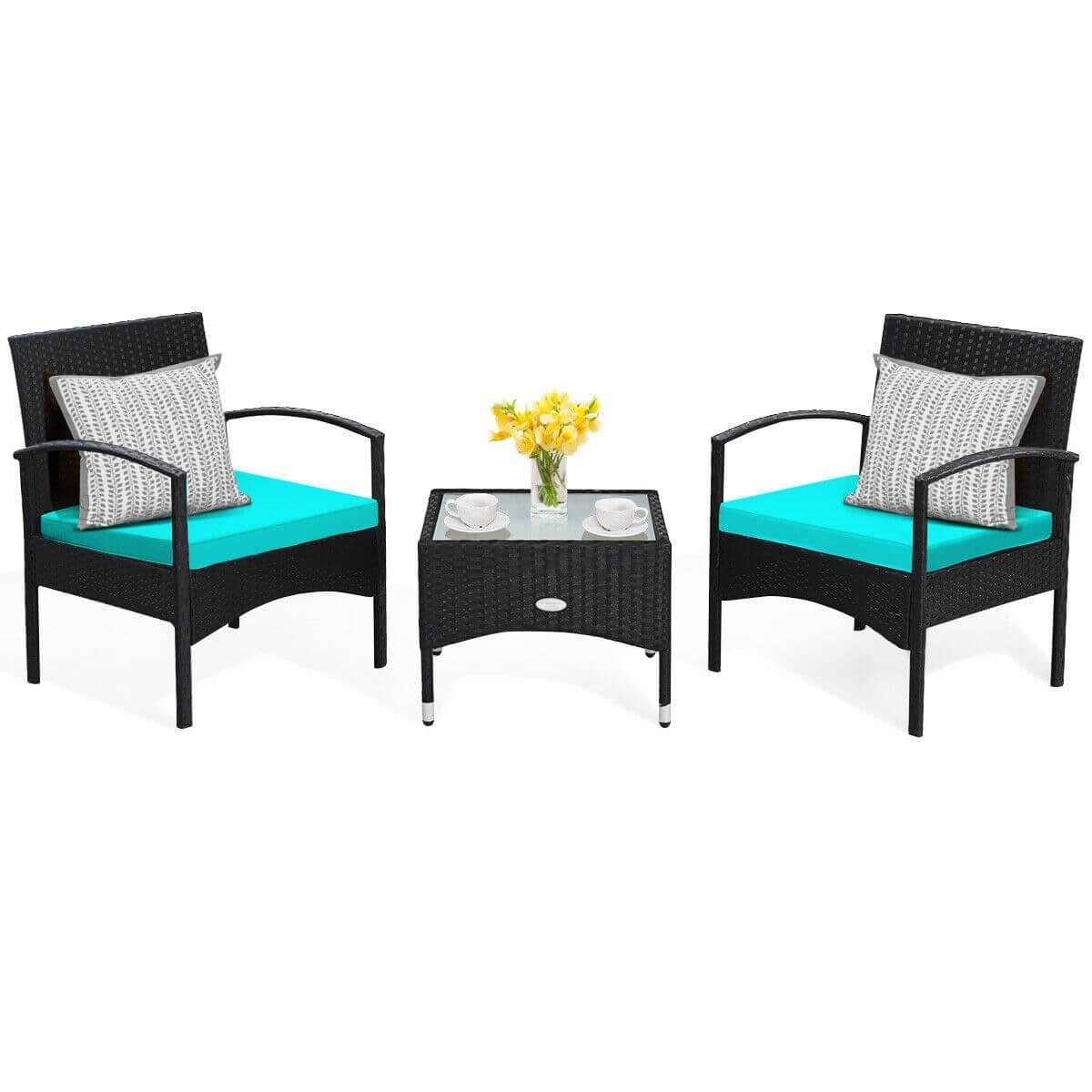 3 Pieces Patio Wicker Rattan Furniture Set with Cushion for Lawn Backyard, Turquoise Patio Conversation Sets   at Gallery Canada