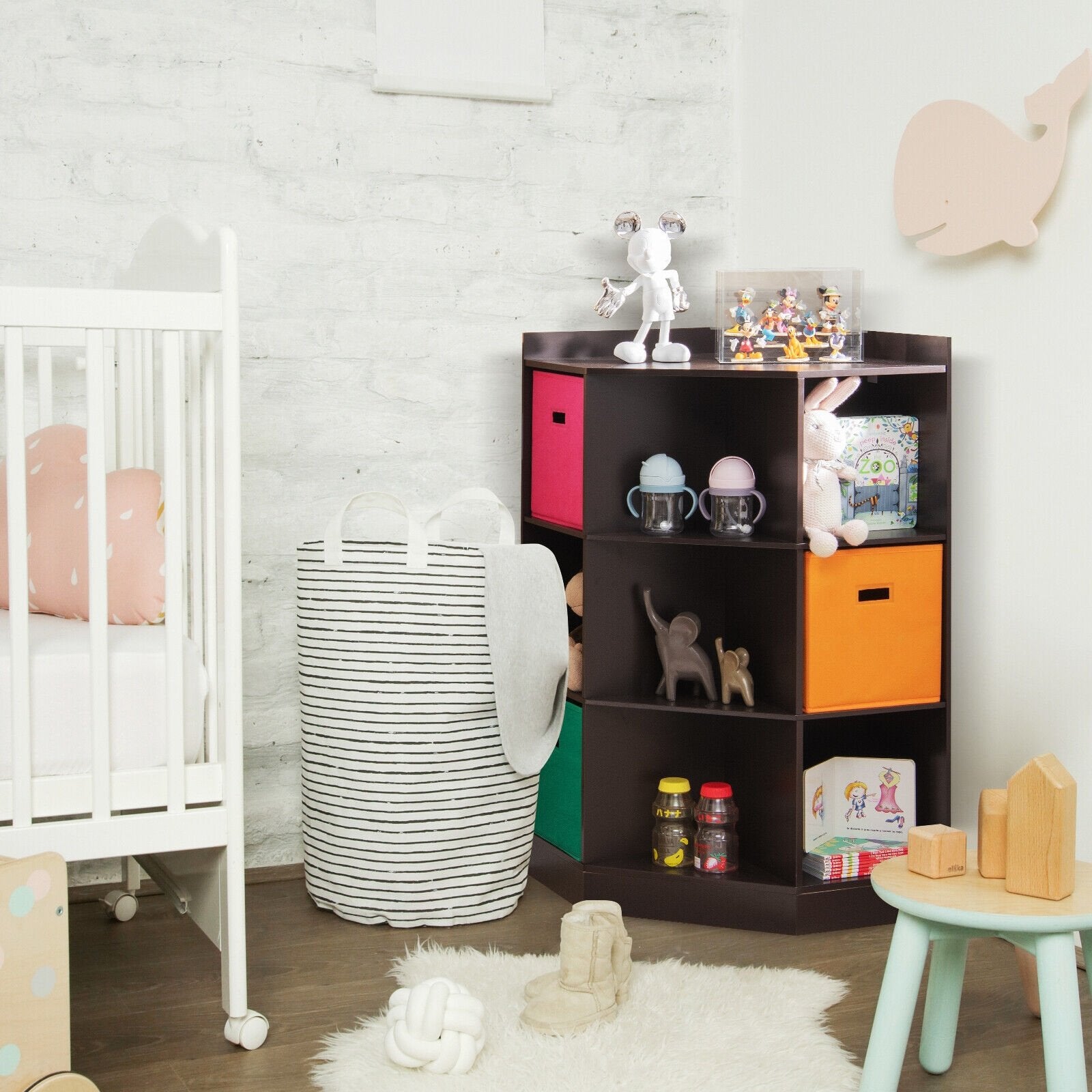 3-Tier Kids Storage Shelf Corner Cabinet with 3 Baskets, Brown Kids Storage   at Gallery Canada