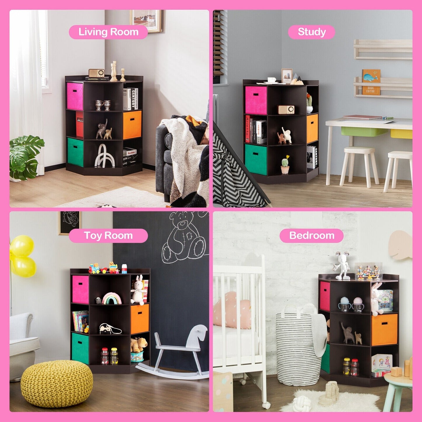 3-Tier Kids Storage Shelf Corner Cabinet with 3 Baskets, Brown - Gallery Canada