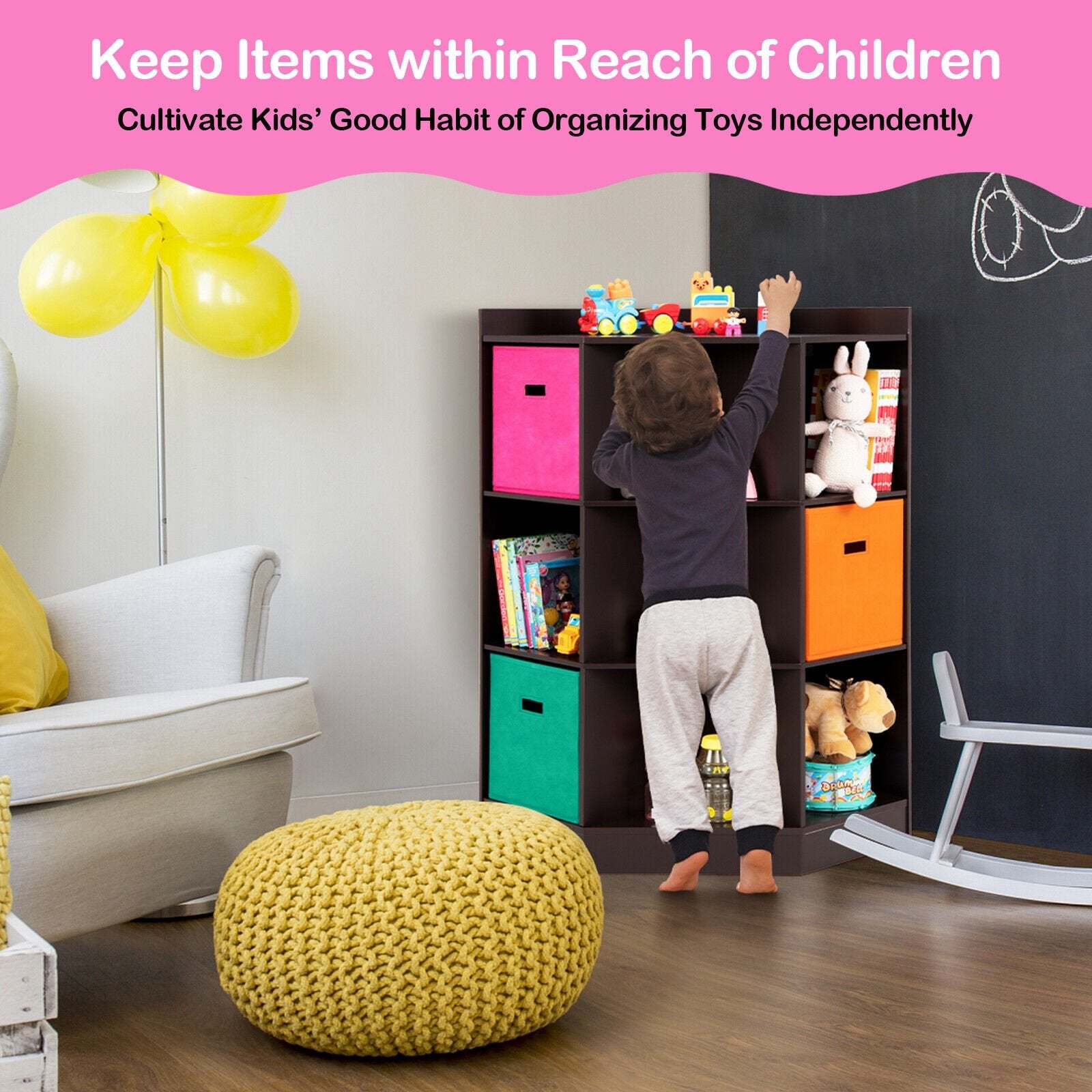 3-Tier Kids Storage Shelf Corner Cabinet with 3 Baskets, Brown - Gallery Canada