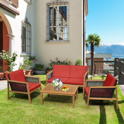 4 Pieces Patio Rattan Furniture Set with Removable Cushions, Red Patio Conversation Sets   at Gallery Canada