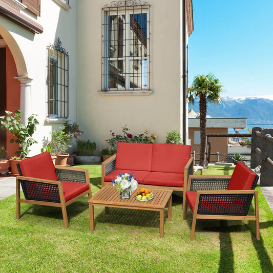 4 Pieces Patio Rattan Furniture Set with Removable Cushions, Red Patio Conversation Sets   at Gallery Canada