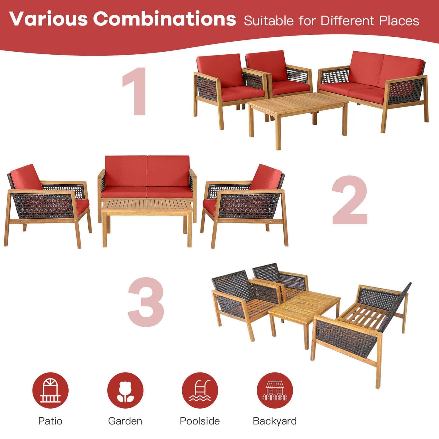 4 Pieces Patio Rattan Furniture Set with Removable Cushions, Red Patio Conversation Sets   at Gallery Canada