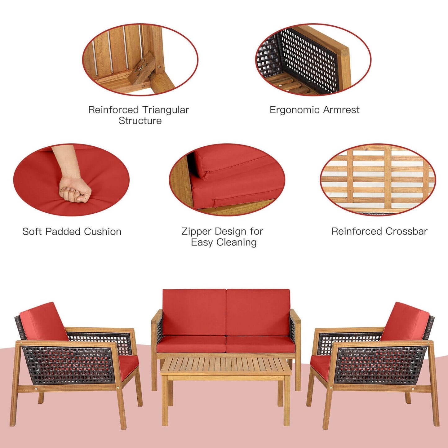 4 Pieces Patio Rattan Furniture Set with Removable Cushions, Red Patio Conversation Sets   at Gallery Canada