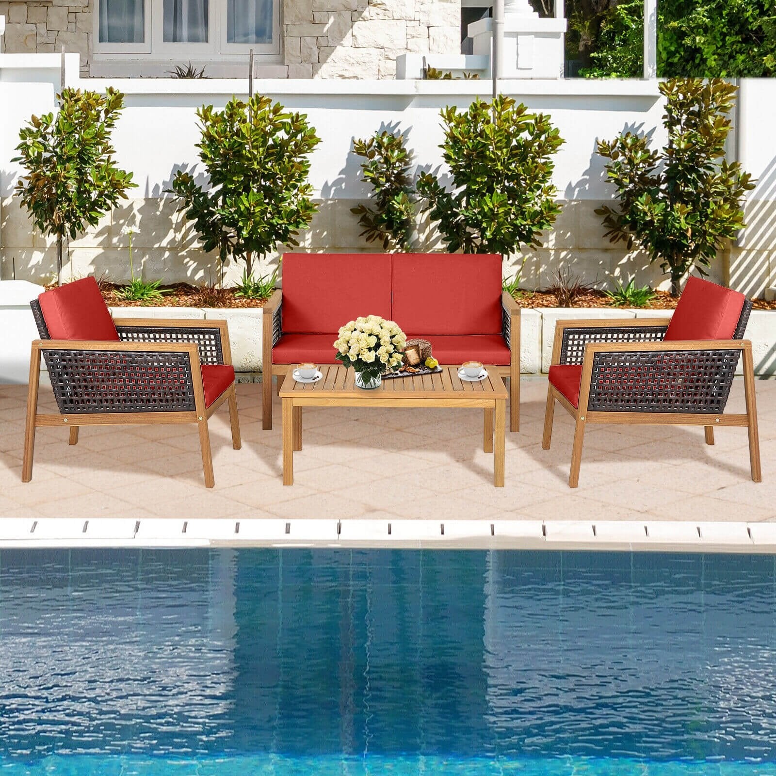 4 Pieces Patio Rattan Furniture Set with Removable Cushions, Red Patio Conversation Sets   at Gallery Canada