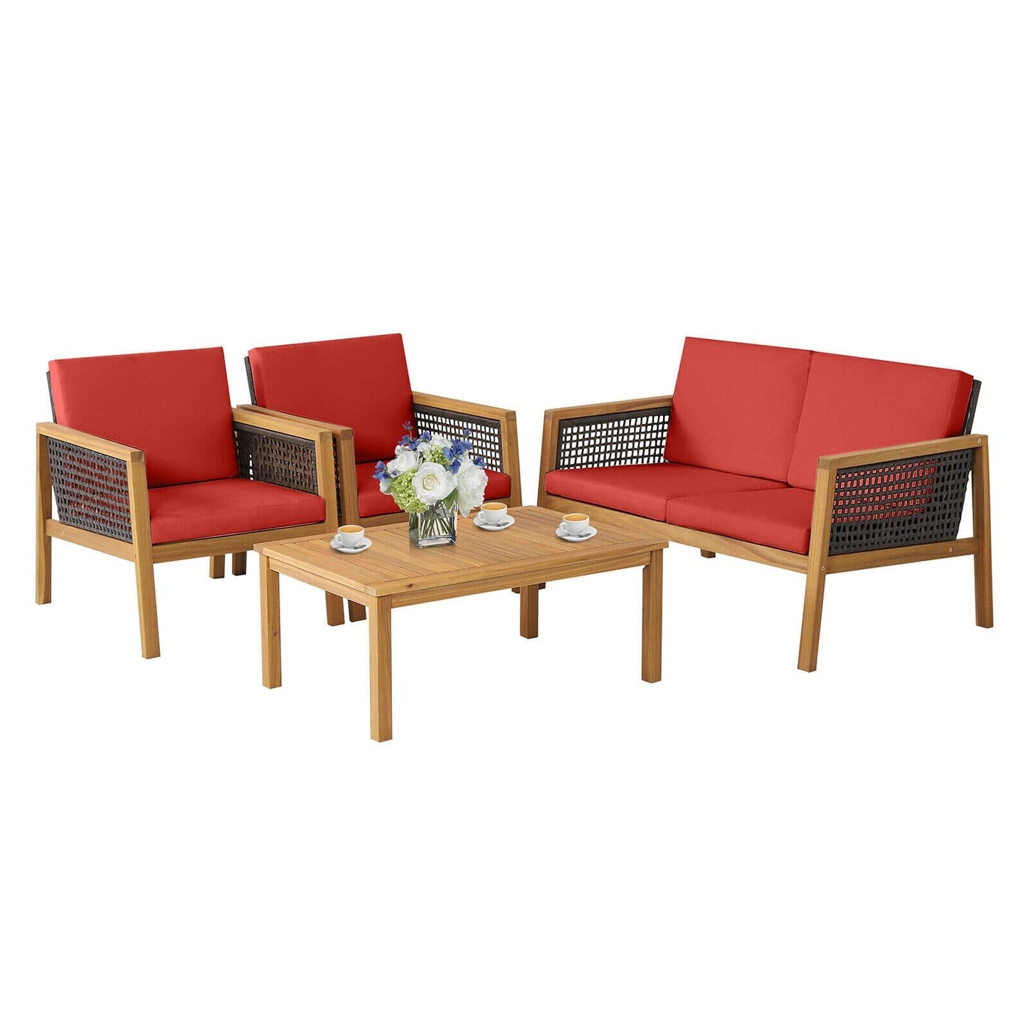 4 Pieces Patio Rattan Furniture Set with Removable Cushions, Red Patio Conversation Sets   at Gallery Canada