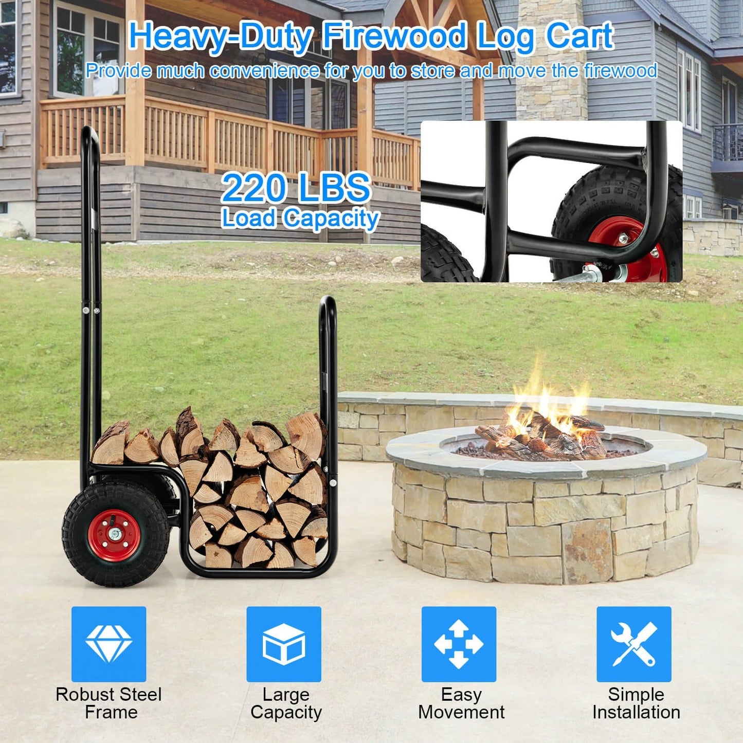 Firewood Log Cart Carrier with Wear-Resistant and Shockproof Rubber Wheels, Black Log Storage   at Gallery Canada
