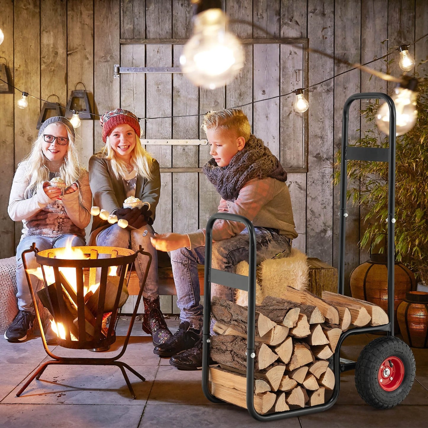 Firewood Log Cart Carrier with Wear-Resistant and Shockproof Rubber Wheels, Black Log Storage   at Gallery Canada