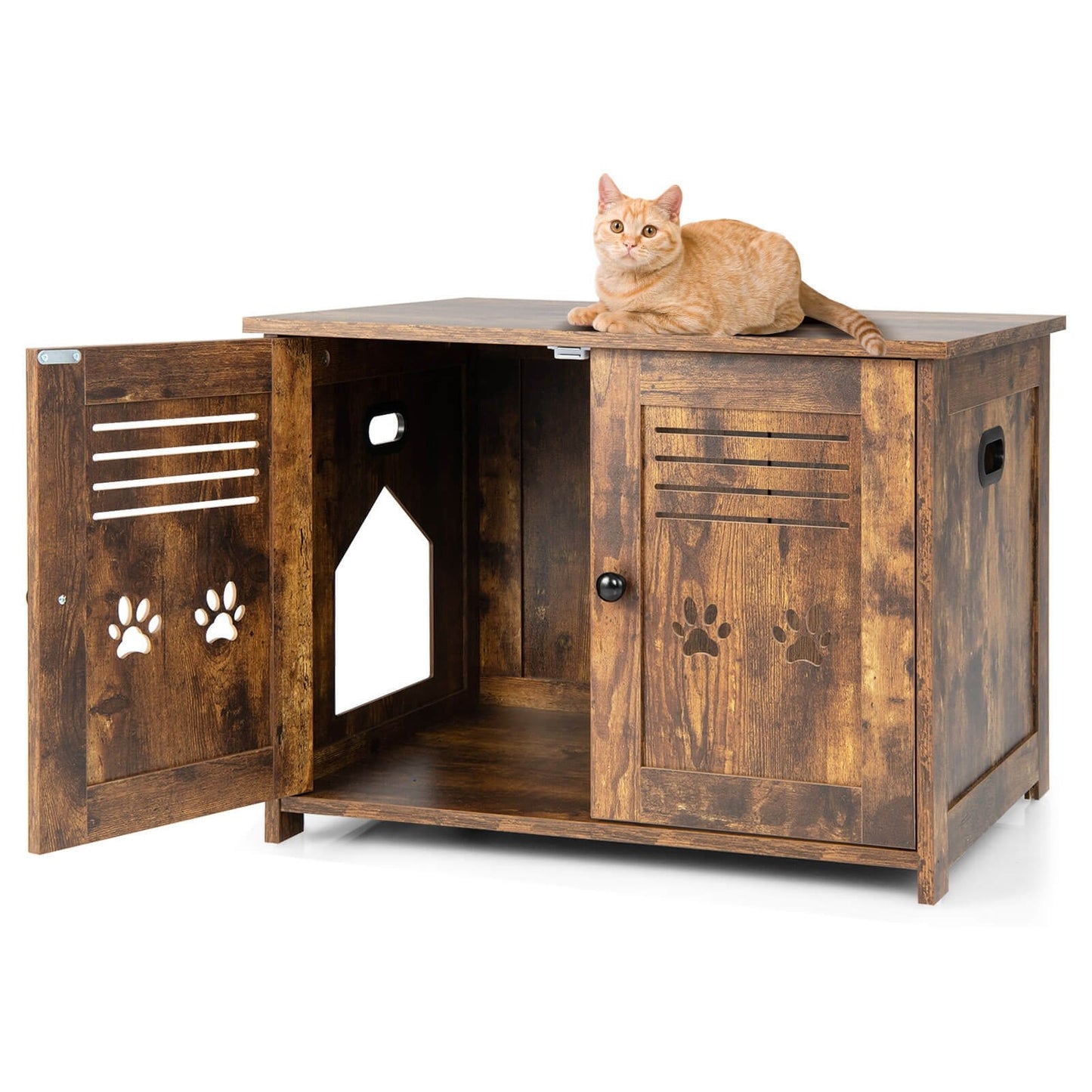 Cat Litter Box Enclosure with Double Louvered Doors and Side Entrance, Brown - Gallery Canada