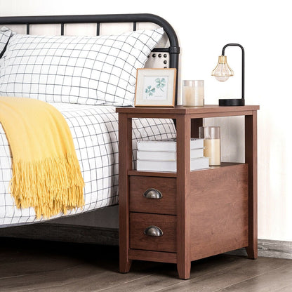 End Table Wooden with 2 Drawers and Shelf Bedside Table, Brown - Gallery Canada