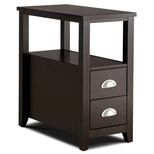 End Table Wooden with 2 Drawers and Shelf Bedside Table, Dark Brown - Gallery Canada