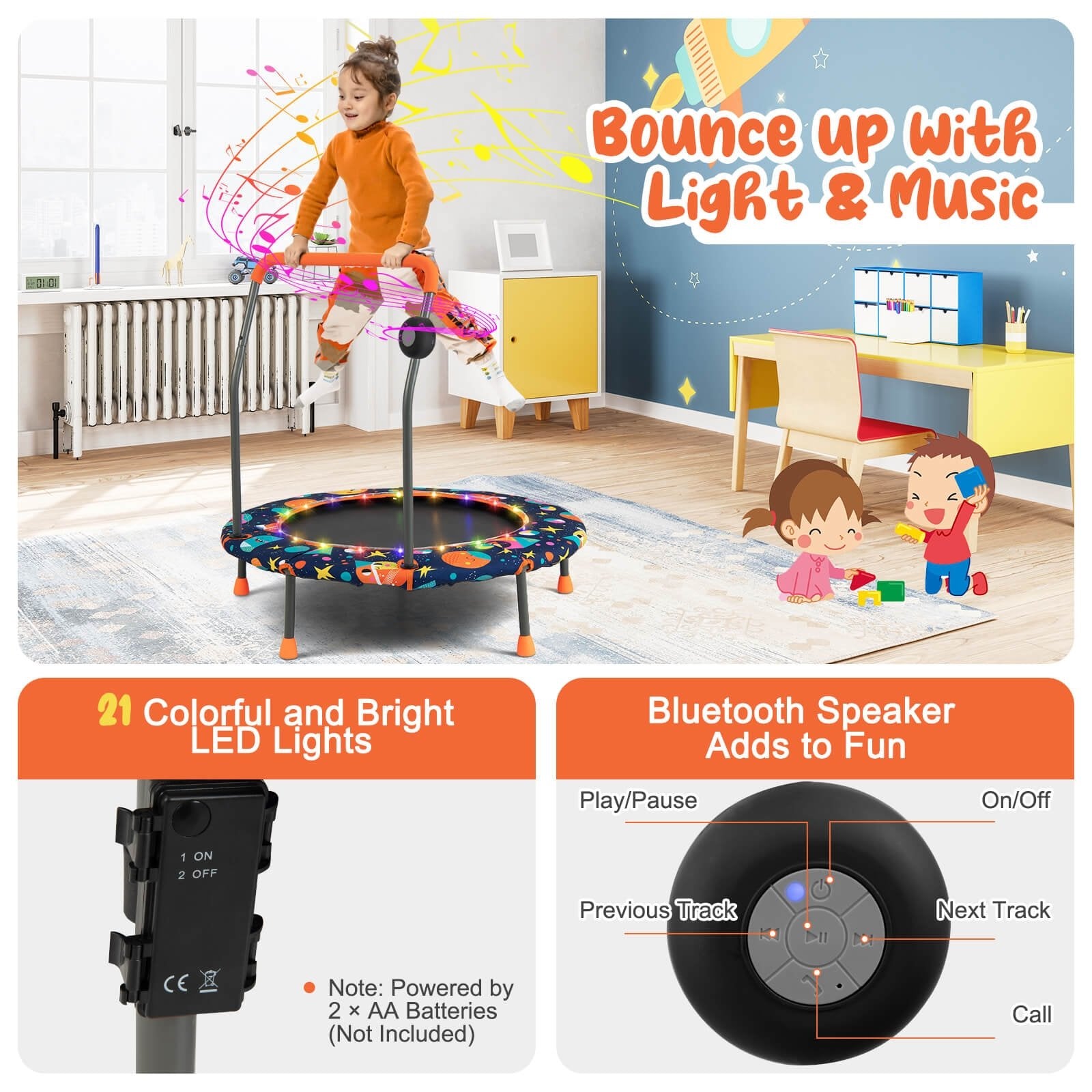 36 Inch Mini Trampoline with Colorful LED Lights and Bluetooth Speaker, Multicolor Trampolines   at Gallery Canada