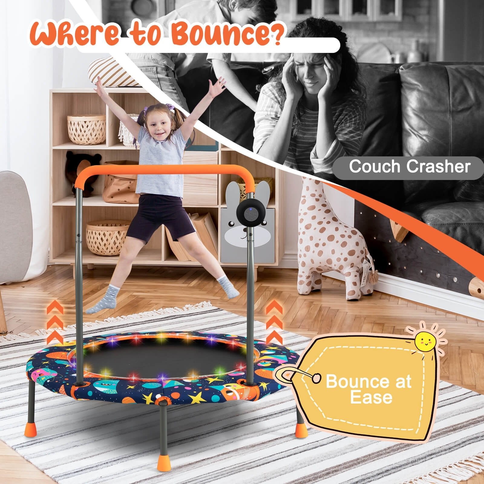 36 Inch Mini Trampoline with Colorful LED Lights and Bluetooth Speaker, Multicolor Trampolines   at Gallery Canada