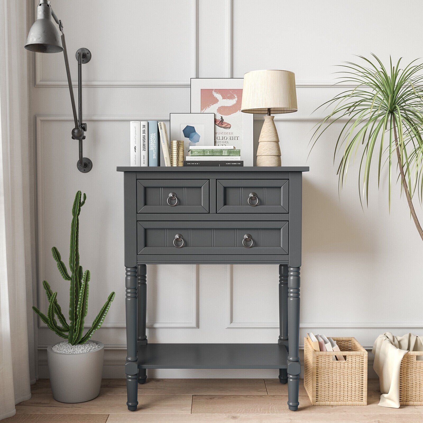 Narrow Console Table with 3 Storage Drawers and Open Bottom Shelf, Dark Gray Console Tables   at Gallery Canada