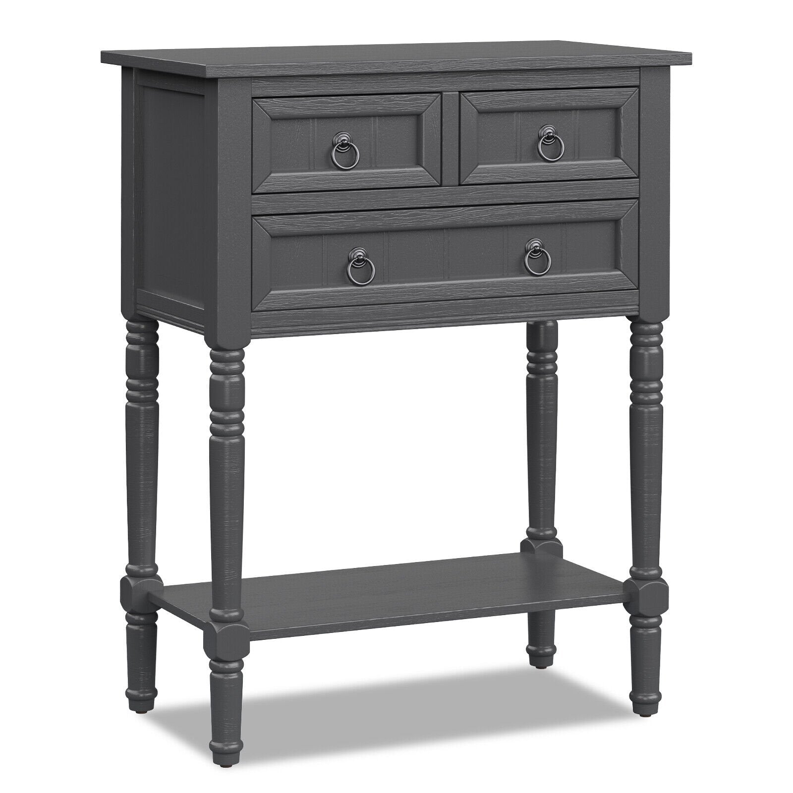 Narrow Console Table with 3 Storage Drawers and Open Bottom Shelf, Dark Gray Console Tables   at Gallery Canada