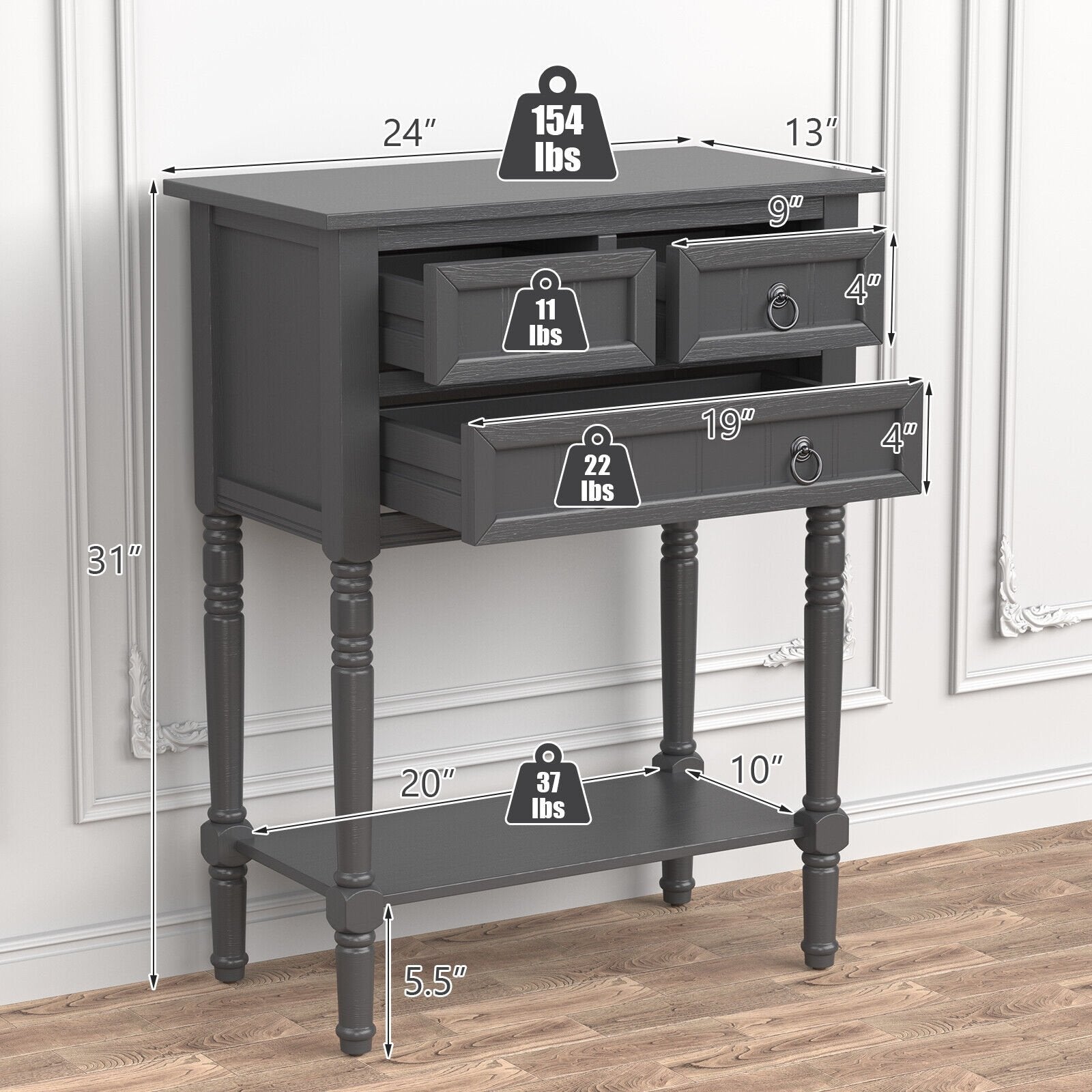 Narrow Console Table with 3 Storage Drawers and Open Bottom Shelf, Dark Gray Console Tables   at Gallery Canada