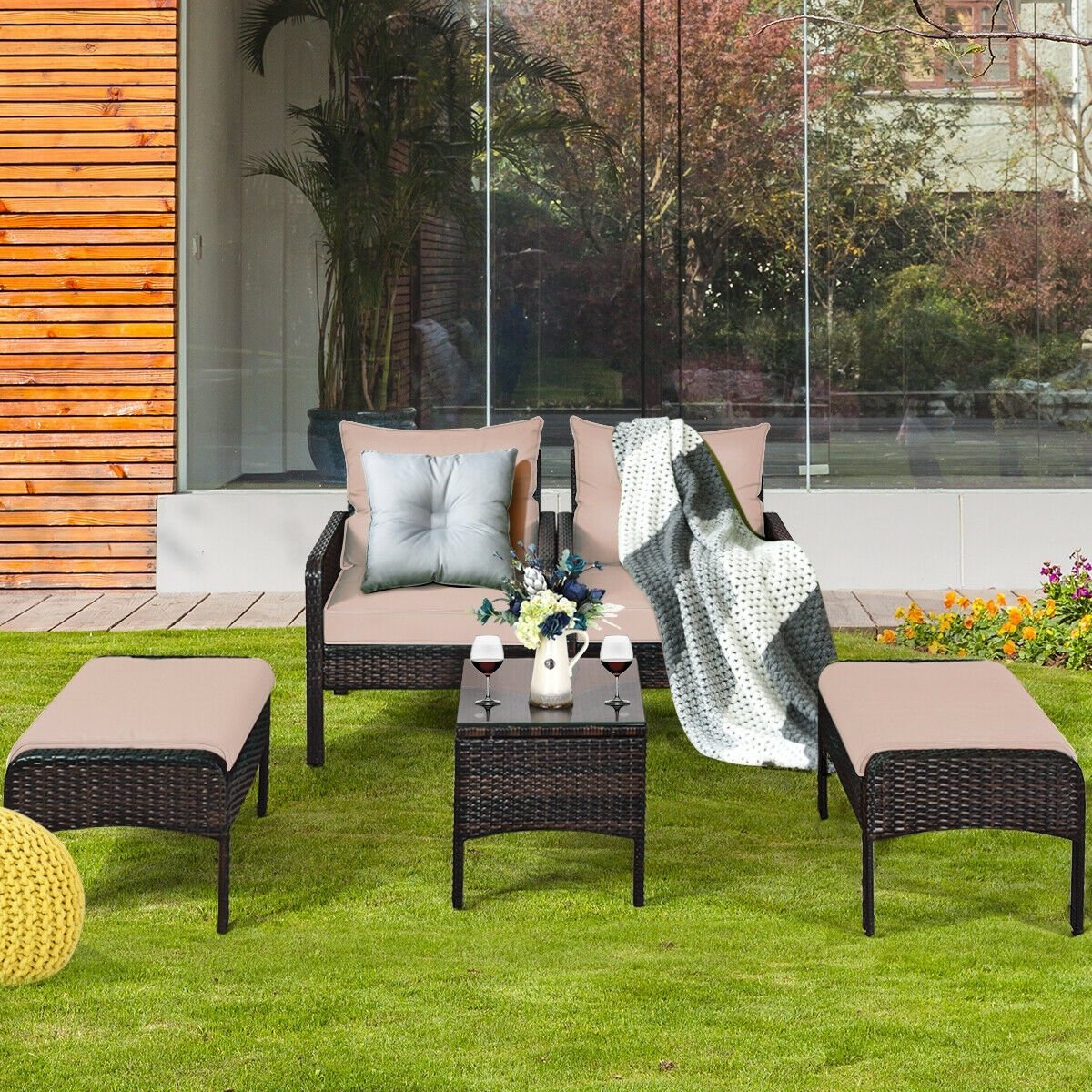 5 Pcs Patio Rattan Wicker Sofa Furniture Set , Beige Patio Furniture Sets   at Gallery Canada