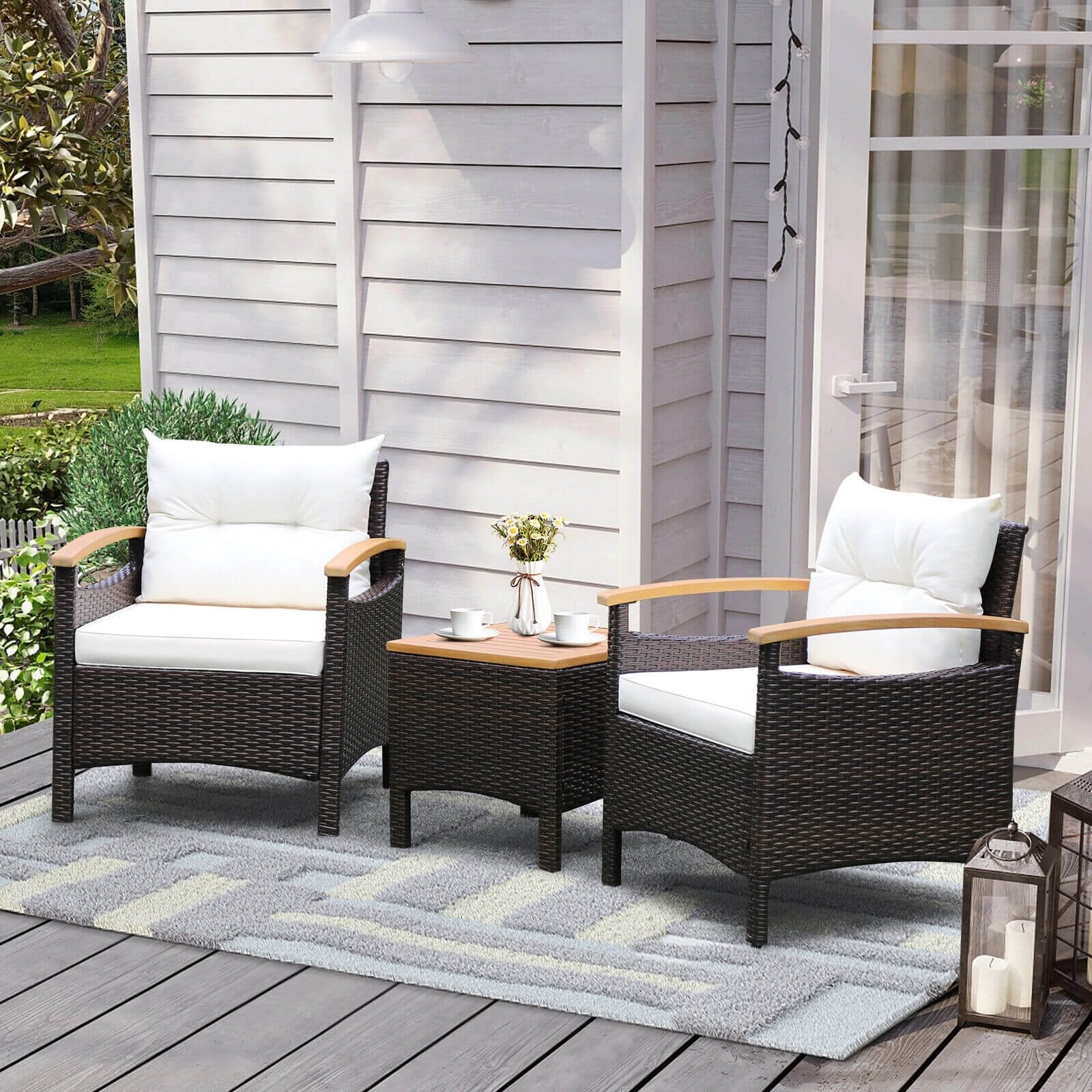 3 Pieces Patio Rattan Furniture Set with Removable Cushion, Off White Patio Conversation Sets   at Gallery Canada