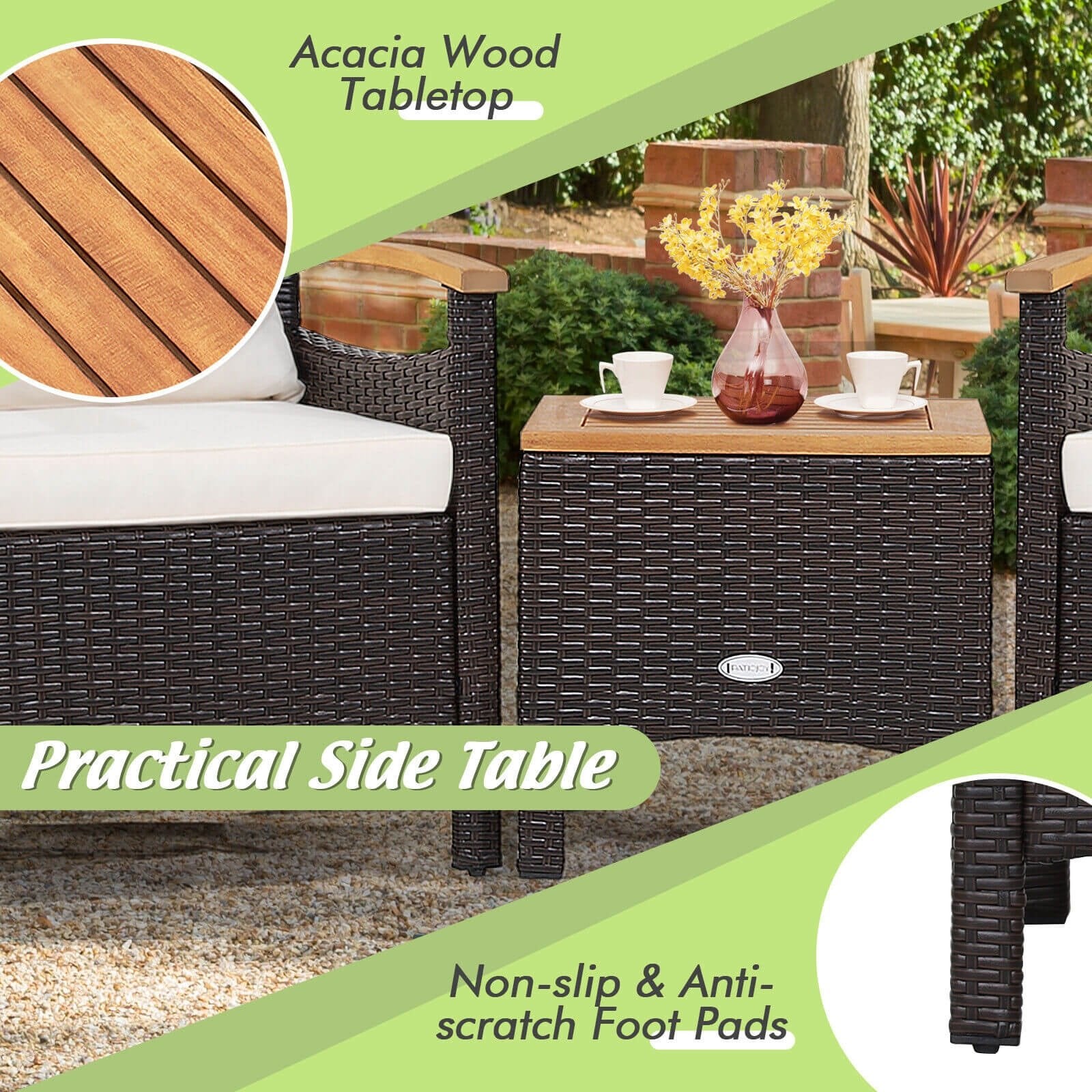 3 Pieces Patio Rattan Furniture Set with Removable Cushion, Off White Patio Conversation Sets   at Gallery Canada