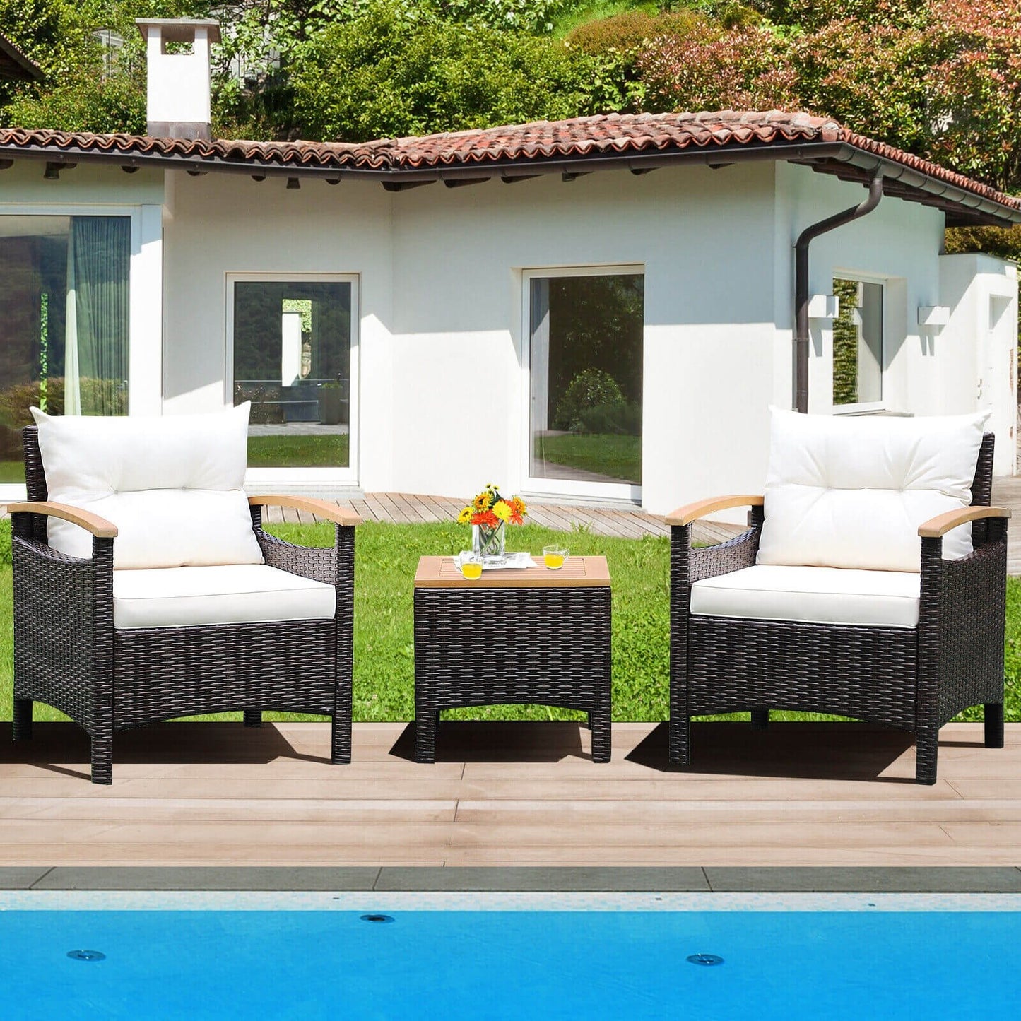 3 Pieces Patio Rattan Furniture Set with Removable Cushion, Off White Patio Conversation Sets   at Gallery Canada