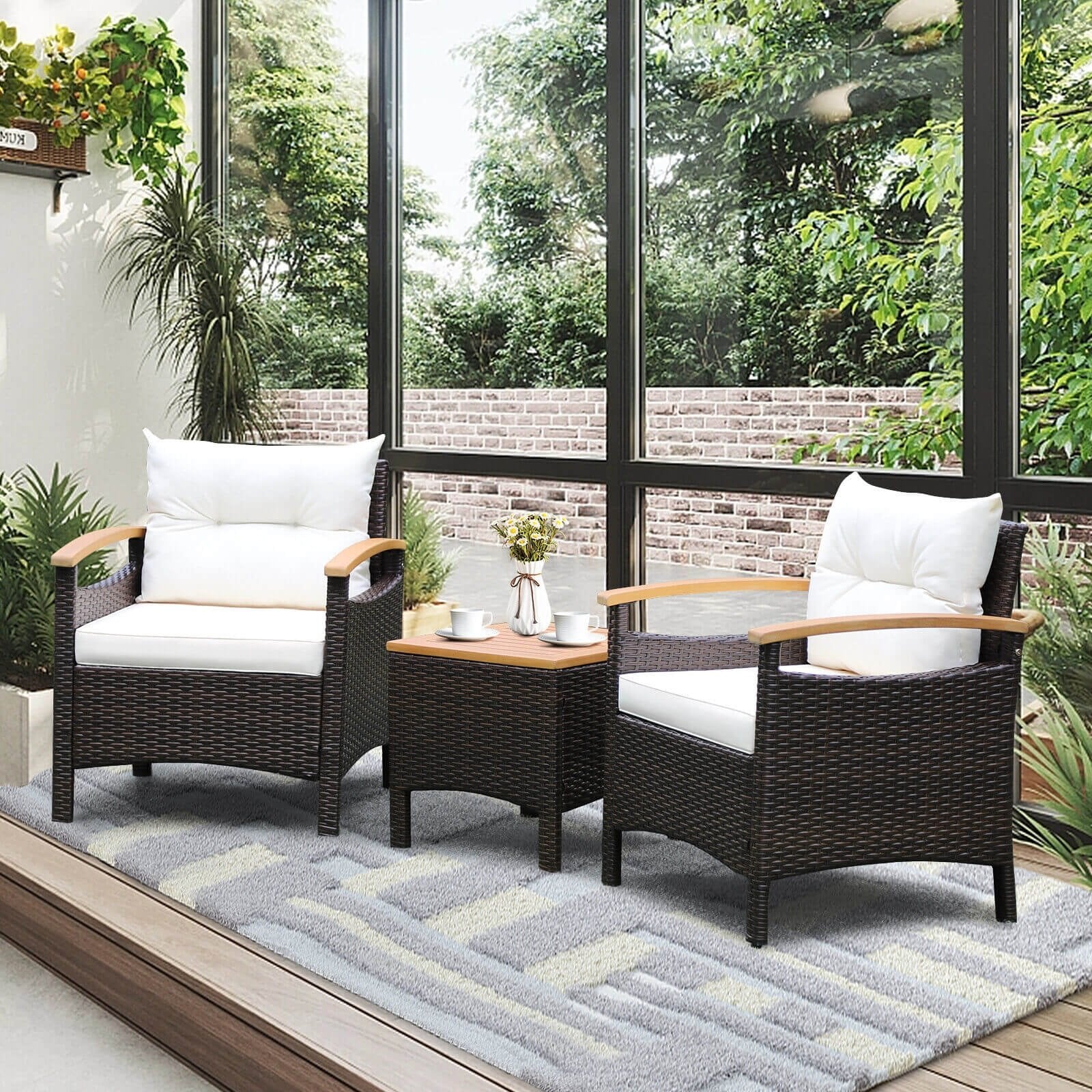 3 Pieces Patio Rattan Furniture Set with Removable Cushion, Off White Patio Conversation Sets   at Gallery Canada