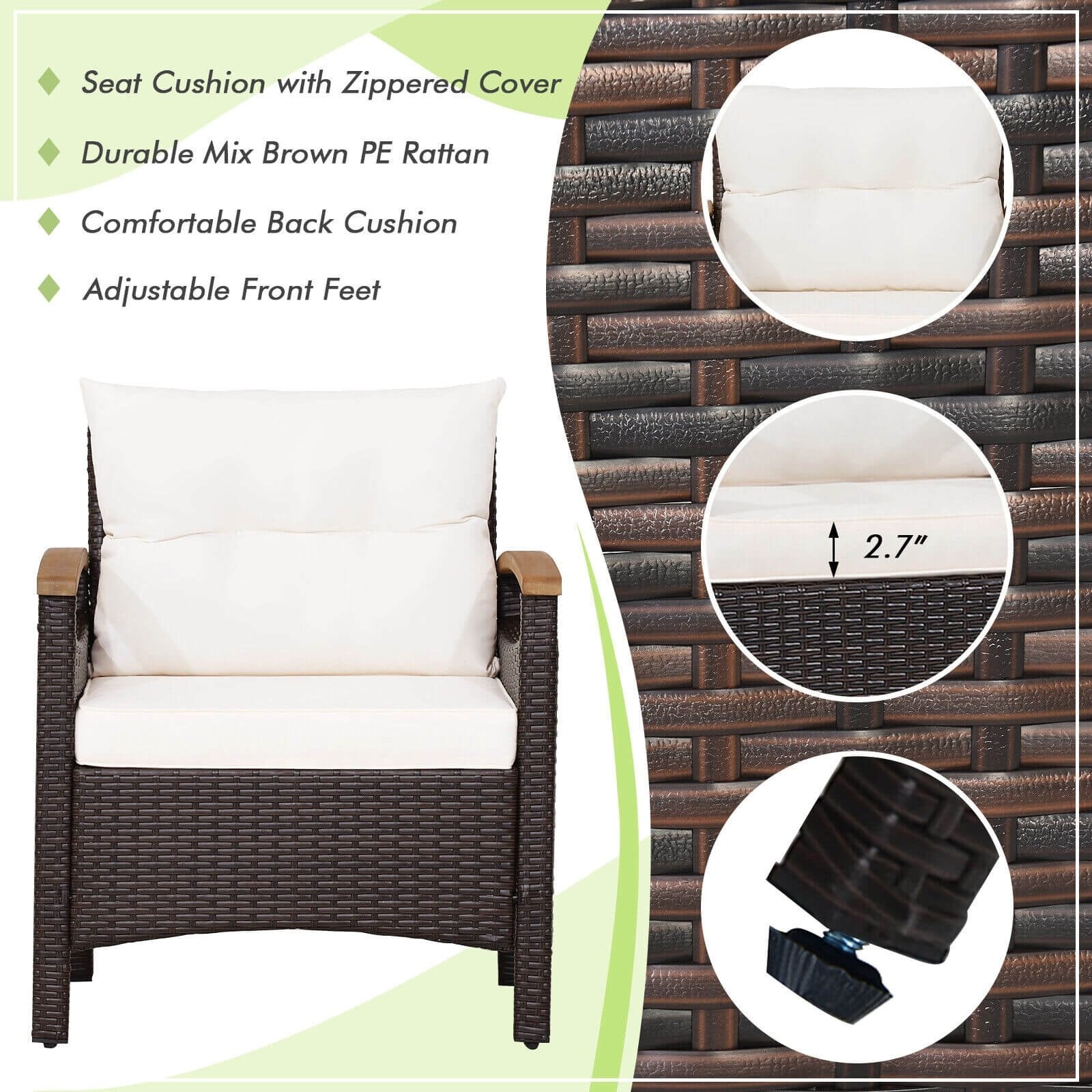 3 Pieces Patio Rattan Furniture Set with Removable Cushion, Off White Patio Conversation Sets   at Gallery Canada