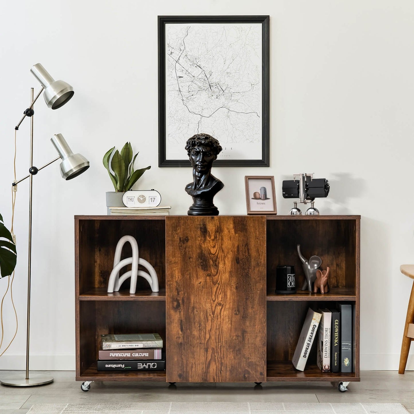 Wood Storage Cabinet with Wheels and 6 Compartments-Rustic brown, Rustic Brown - Gallery Canada