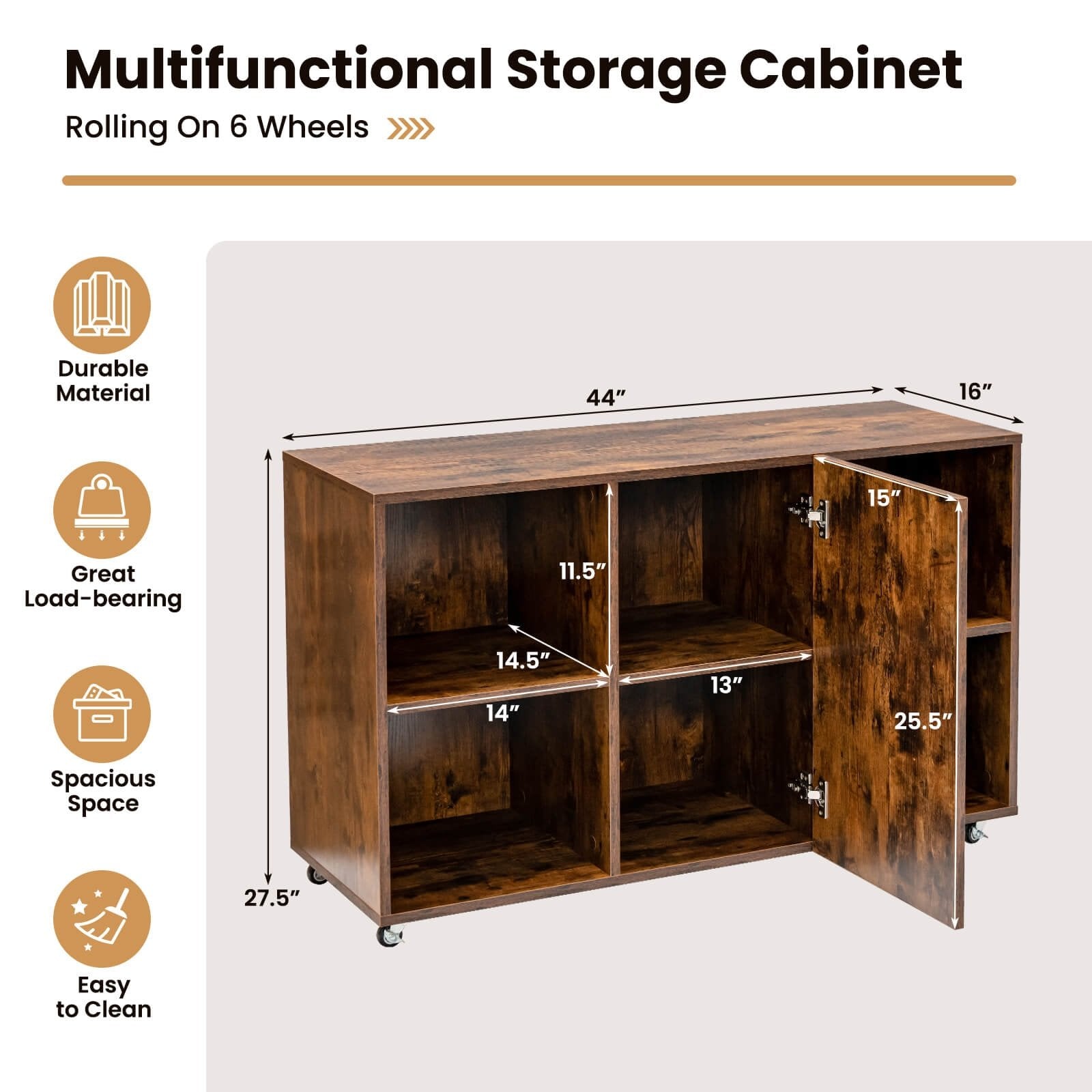 Wood Storage Cabinet with Wheels and 6 Compartments-Rustic brown, Rustic Brown File Cabinets   at Gallery Canada