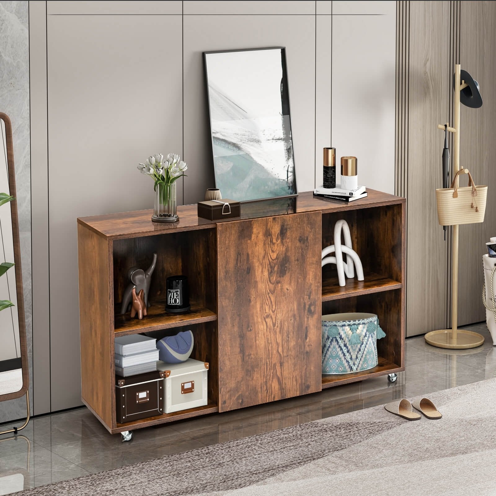 Wood Storage Cabinet with Wheels and 6 Compartments-Rustic brown, Rustic Brown File Cabinets   at Gallery Canada