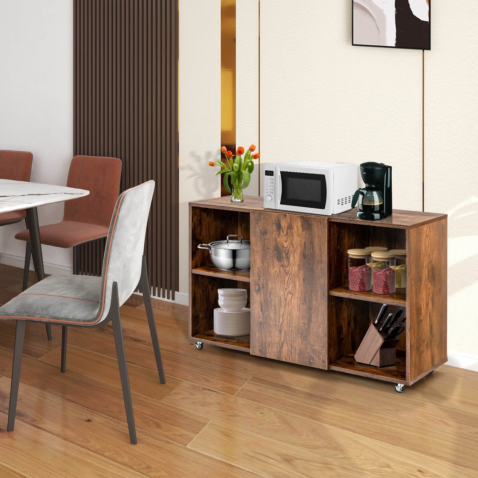 Wood Storage Cabinet with Wheels and 6 Compartments-Rustic brown, Rustic Brown File Cabinets   at Gallery Canada