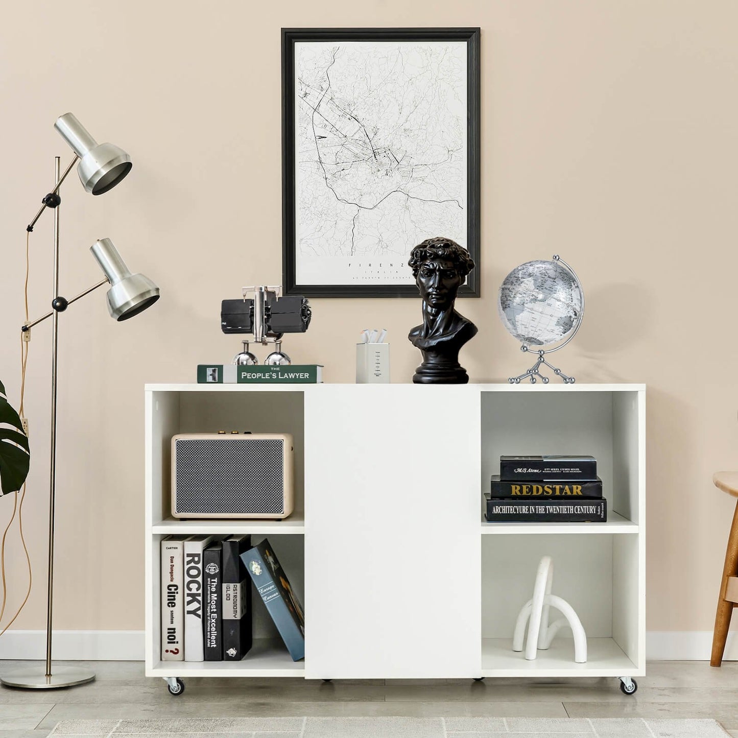 Wood Storage Cabinet with Wheels and 6 Compartments, White File Cabinets   at Gallery Canada