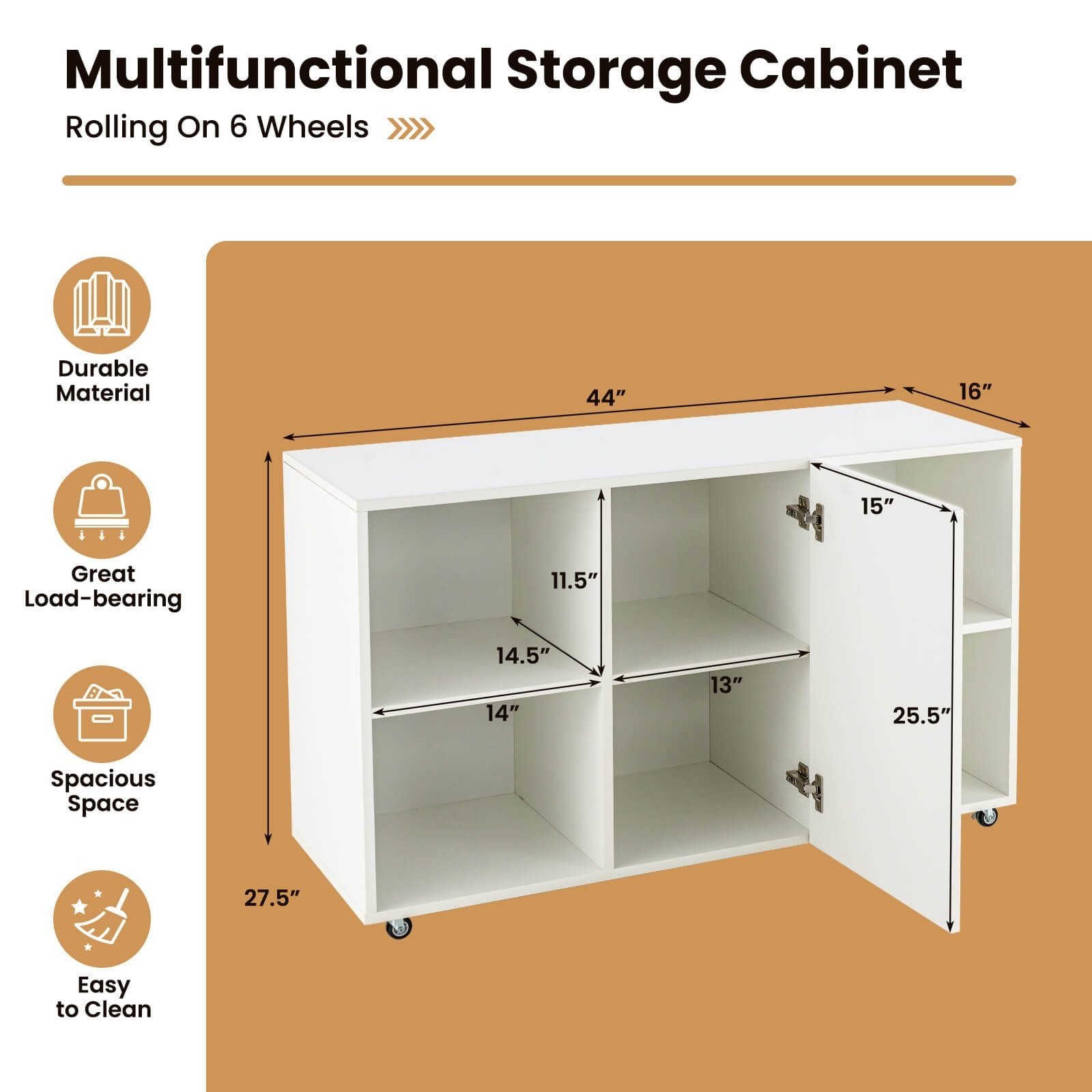 Wood Storage Cabinet with Wheels and 6 Compartments, White File Cabinets   at Gallery Canada