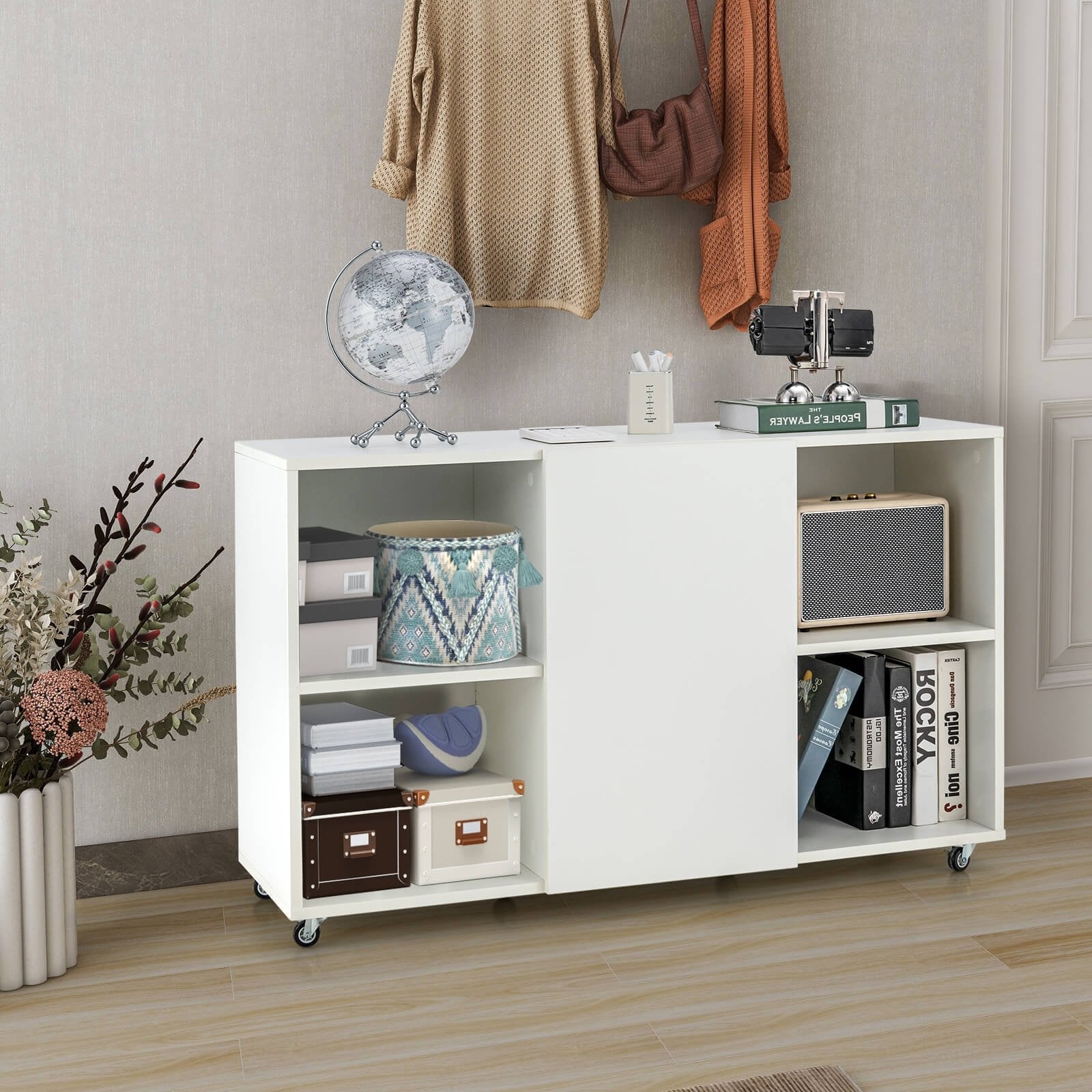 Wood Storage Cabinet with Wheels and 6 Compartments, White File Cabinets   at Gallery Canada