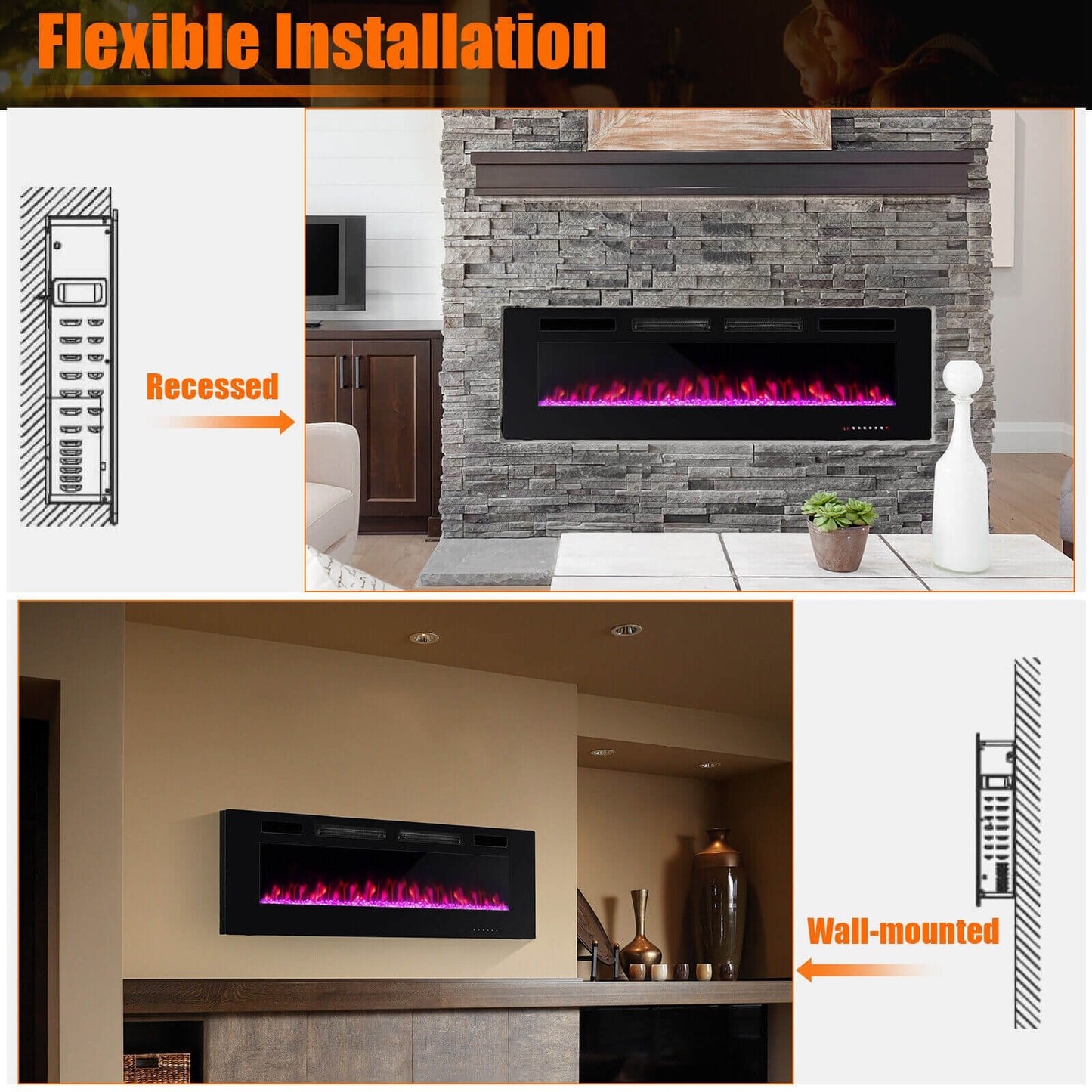 42/50/60/72 Inch Ultra-Thin Electric Fireplace with Decorative Crystals-60 inches, Black - Gallery Canada