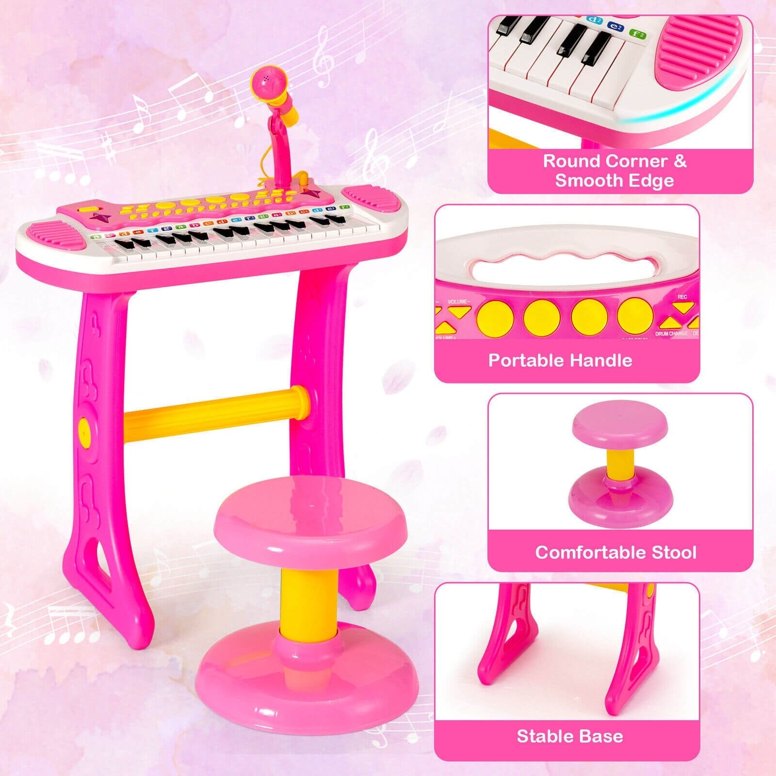 31-Key Kids Piano Keyboard Toy with Microphone and Multiple Sounds for Age 3+, Pink Musical Toys   at Gallery Canada