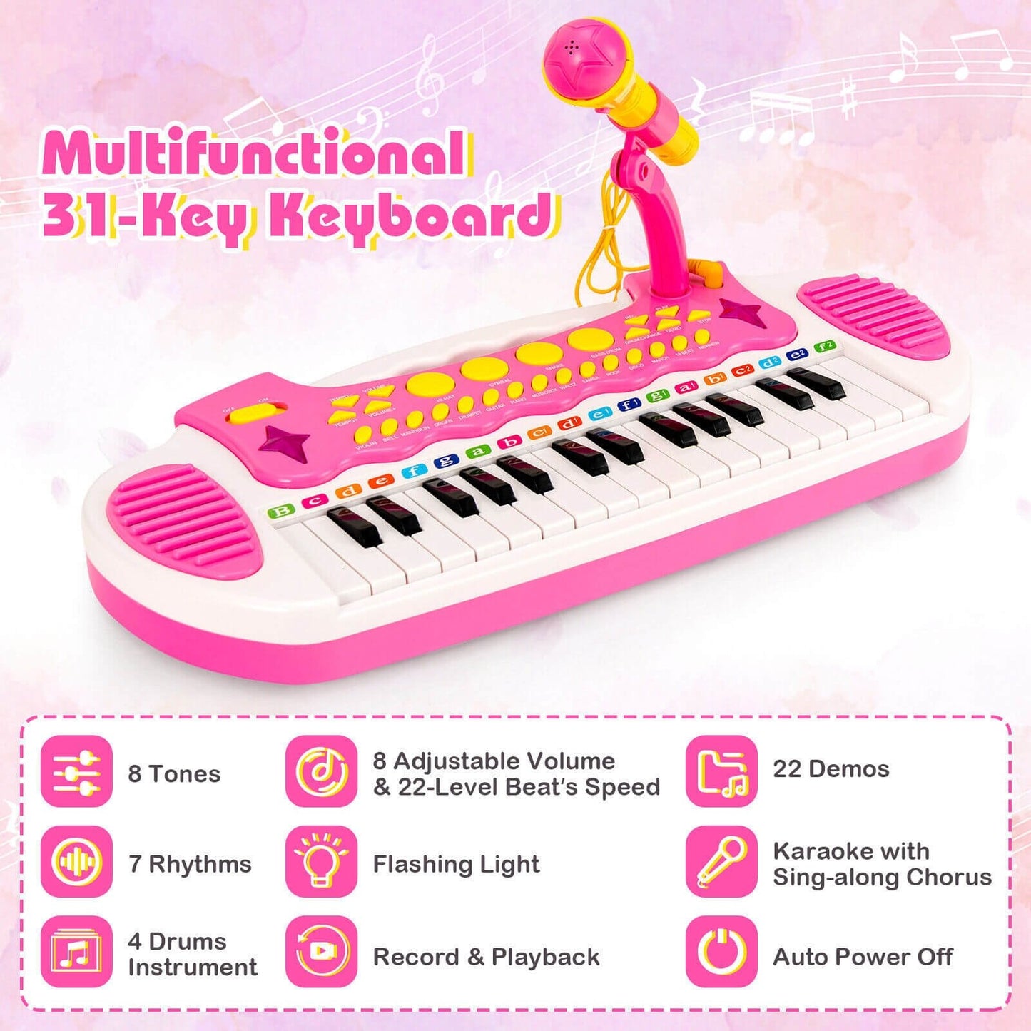 31-Key Kids Piano Keyboard Toy with Microphone and Multiple Sounds for Age 3+, Pink Musical Toys   at Gallery Canada