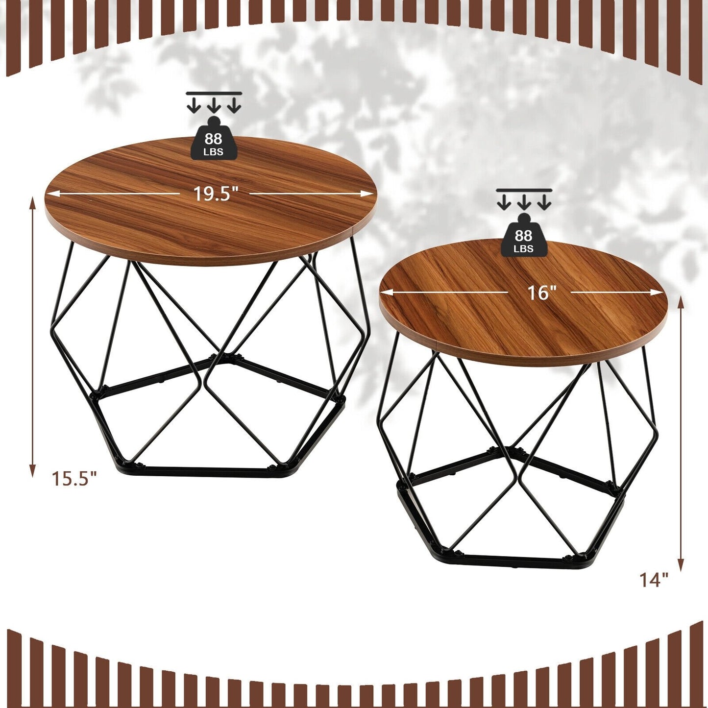 Set of 2 Modern Round Coffee Table with Pentagonal Steel Base, Rustic Brown - Gallery Canada