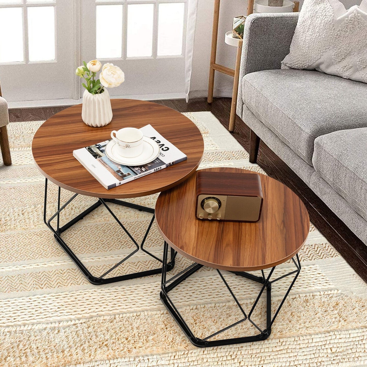 Set of 2 Modern Round Coffee Table with Pentagonal Steel Base, Rustic Brown - Gallery Canada