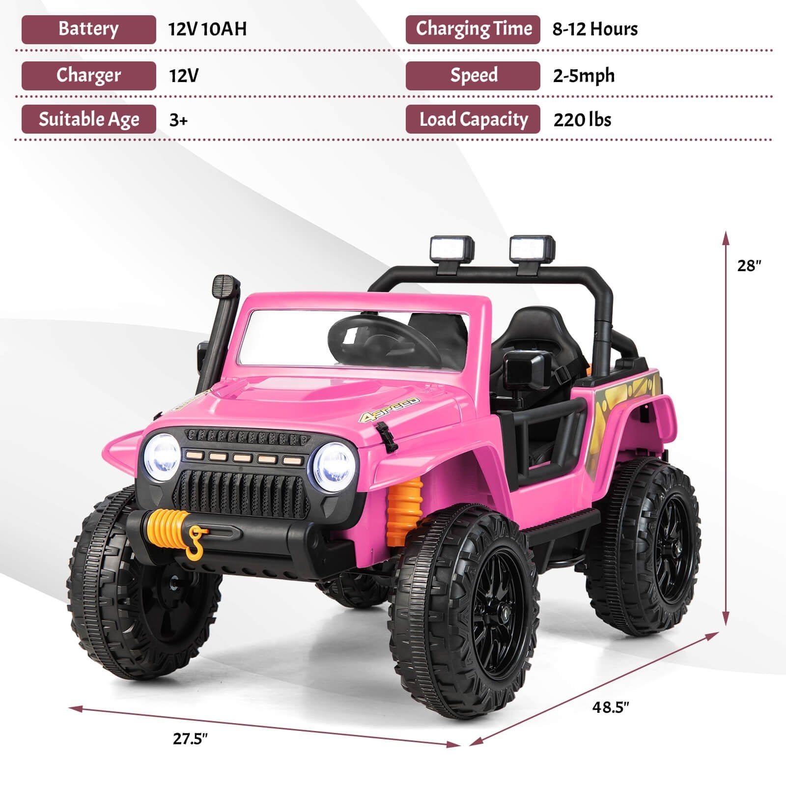 12V Ride on Truck with Parent Remote Control and LED Lights, Pink - Gallery Canada