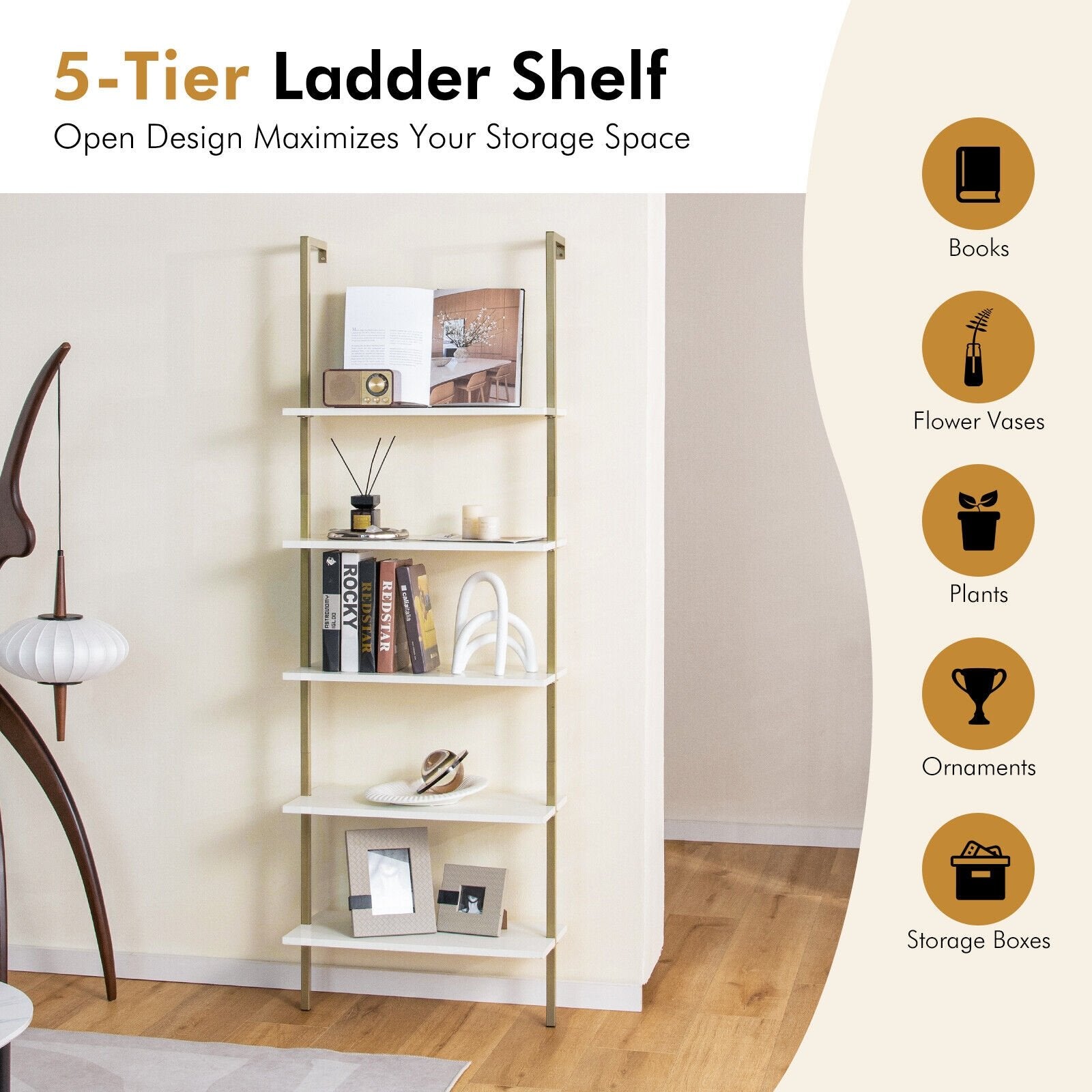 5 Tier Ladder Shelf Wall-Mounted Bookcase with Steel Frame, Golden Bookcases   at Gallery Canada