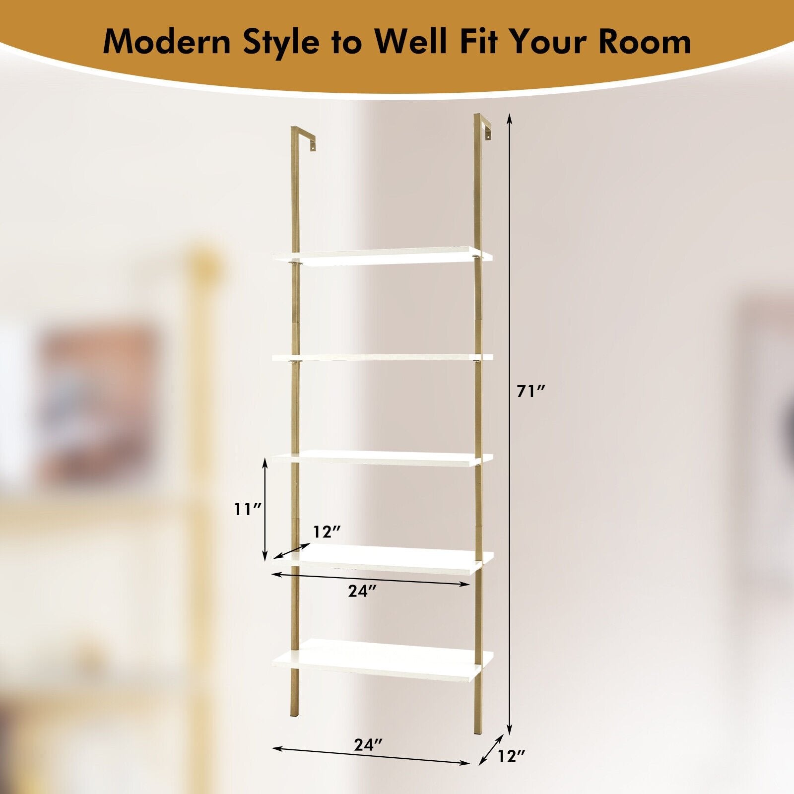 5 Tier Ladder Shelf Wall-Mounted Bookcase with Steel Frame, Golden Bookcases   at Gallery Canada