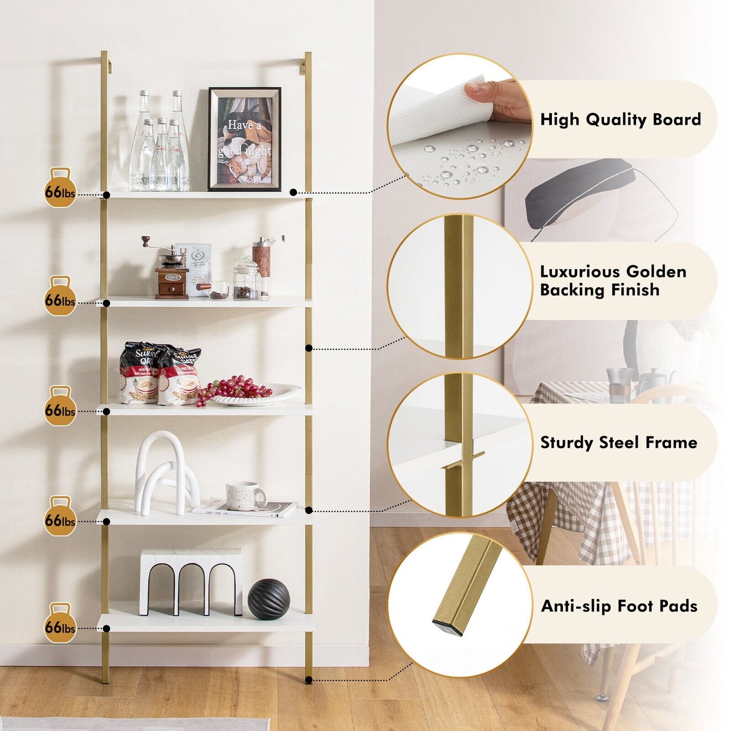 5 Tier Ladder Shelf Wall-Mounted Bookcase with Steel Frame, Golden Bookcases   at Gallery Canada