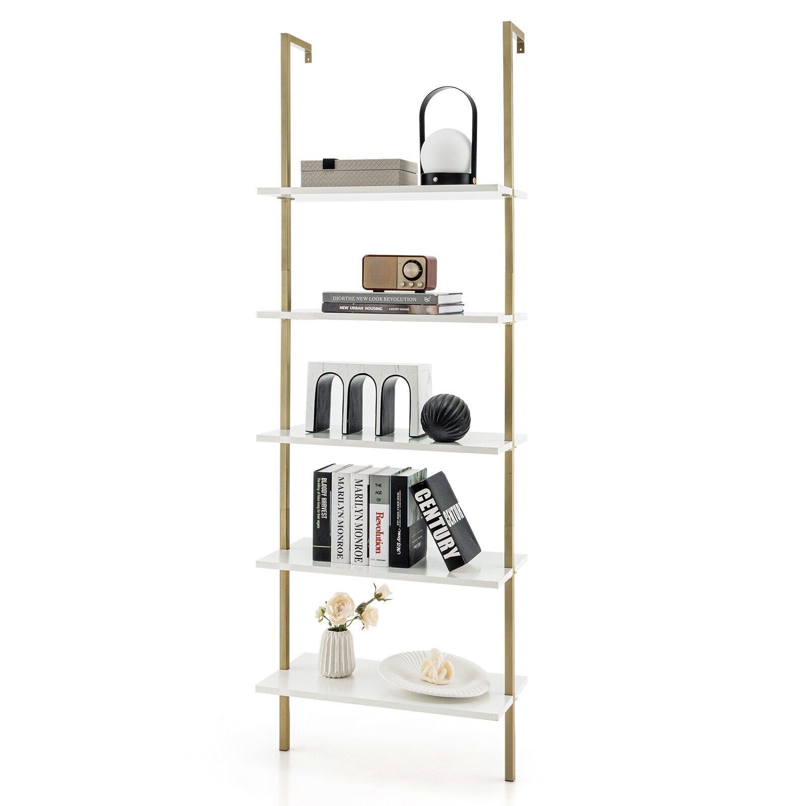 5 Tier Ladder Shelf Wall-Mounted Bookcase with Steel Frame, Golden Bookcases   at Gallery Canada