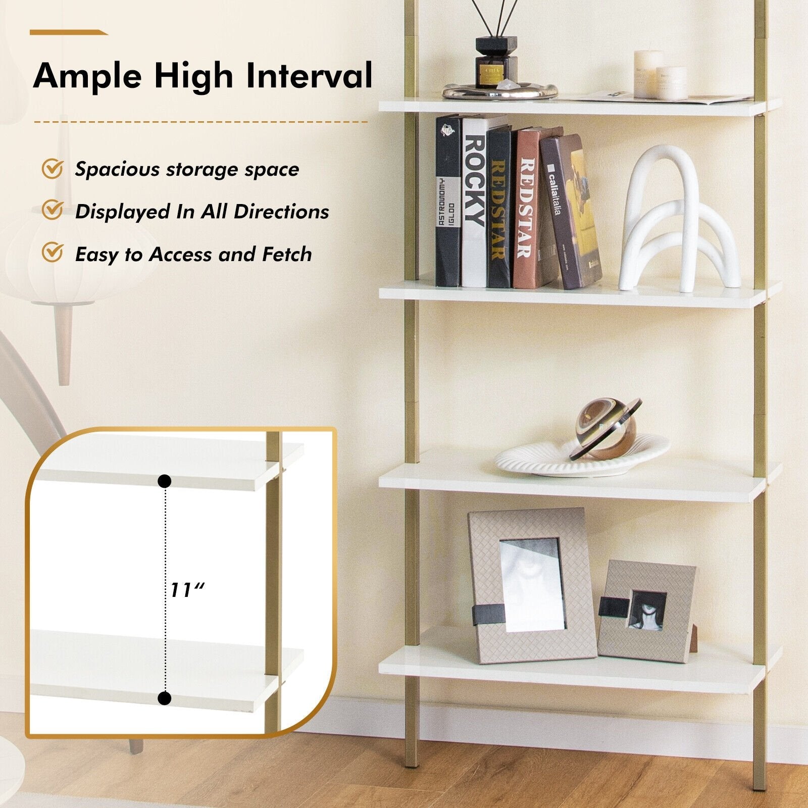 5 Tier Ladder Shelf Wall-Mounted Bookcase with Steel Frame, Golden Bookcases   at Gallery Canada