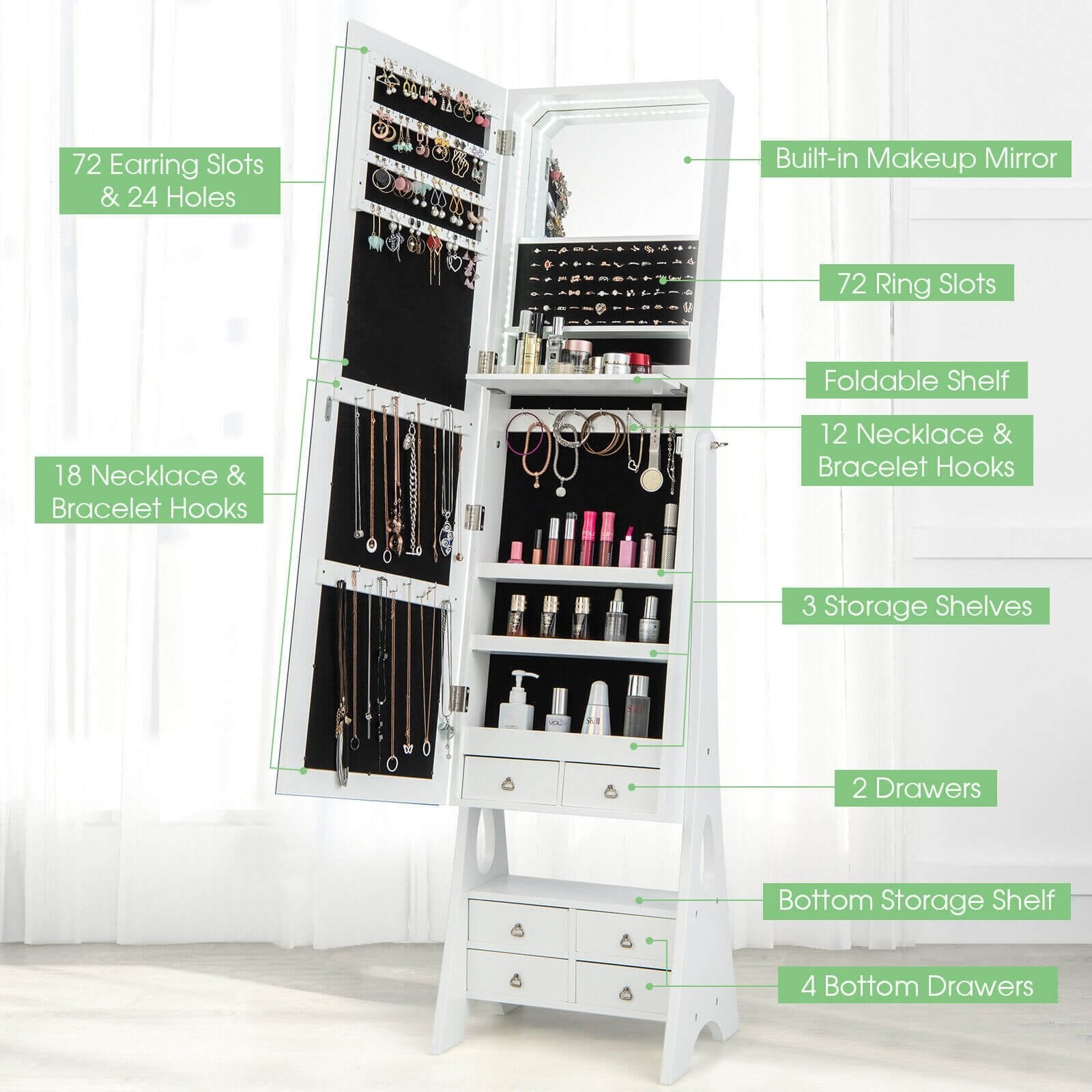 Freestanding Full Length LED Mirrored Jewelry Armoire with 6 Drawers, White Jewelry Armoires   at Gallery Canada