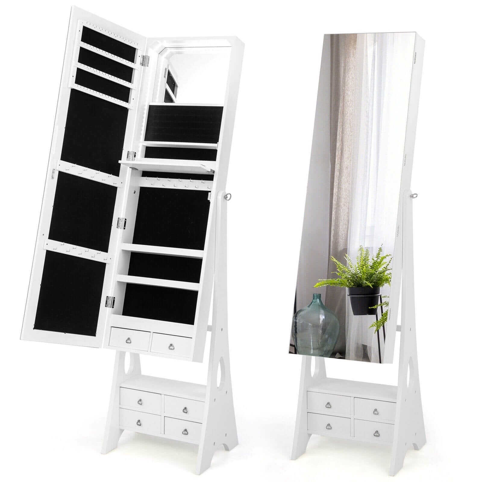 Freestanding Full Length LED Mirrored Jewelry Armoire with 6 Drawers, White Jewelry Armoires   at Gallery Canada